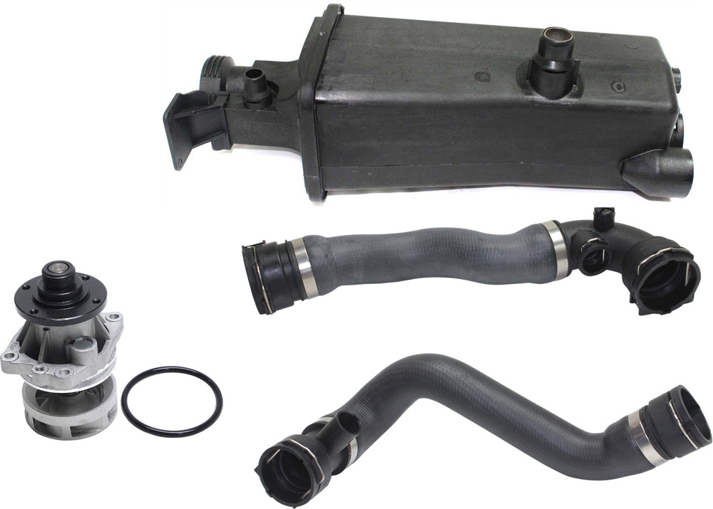 AM 3 SERIES 99-06 WATER PUMP 4 pc kit with Coolant Reservoir Water Pump and Radiator Hoses SKU KIT 061517-01 Partslink BM3014102 OEM 1882-18261-20669-41057-435