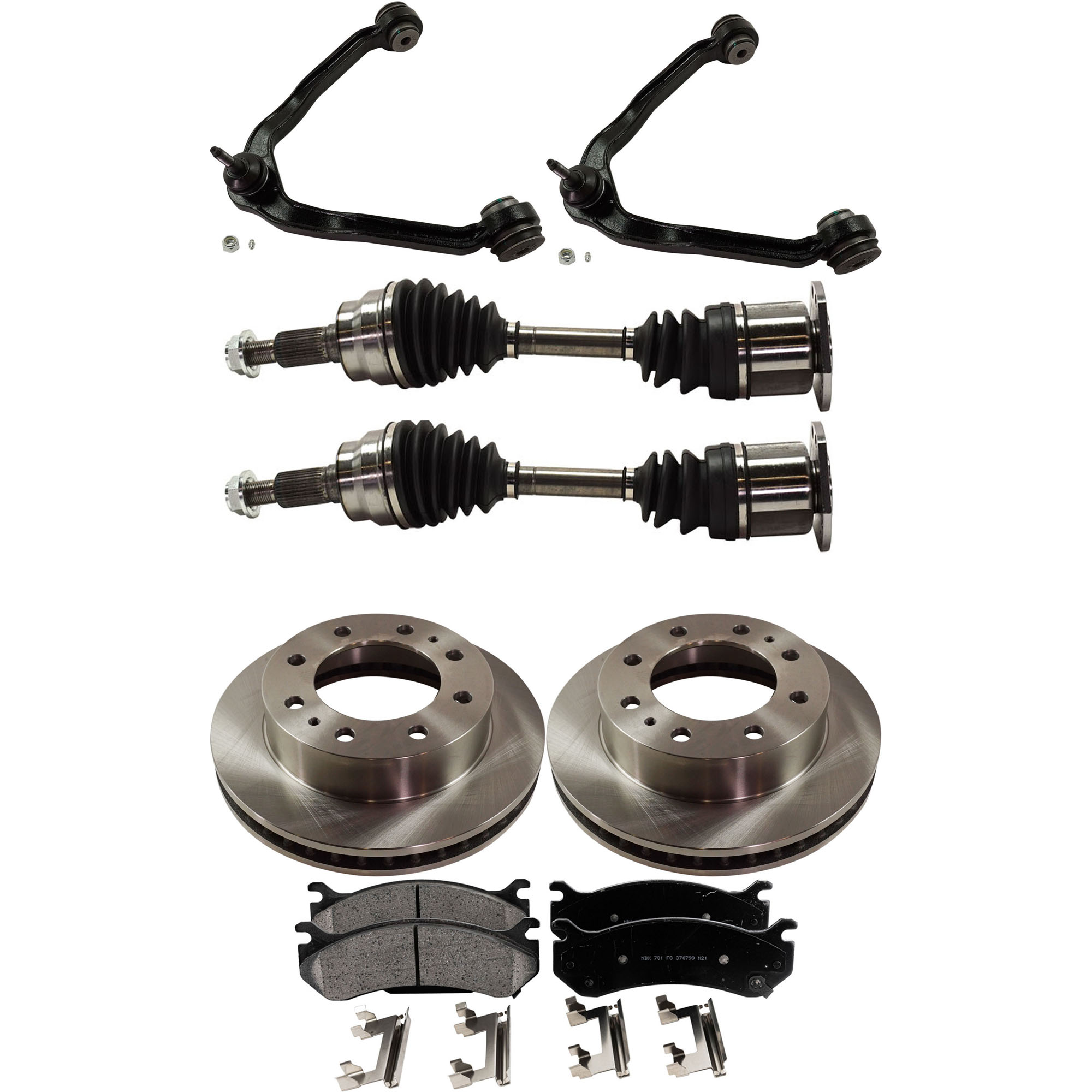 AM EXPRESS 2500 SAVANA 2500-03-05 FRONT CV AXLE ASSEMBLY RH AND LH 7 pc Kit with Brake Discs Brake Pad Set and Control Arms SKU KIT 061522-002 OEM 180-606-541-588-646-000-000-000-000