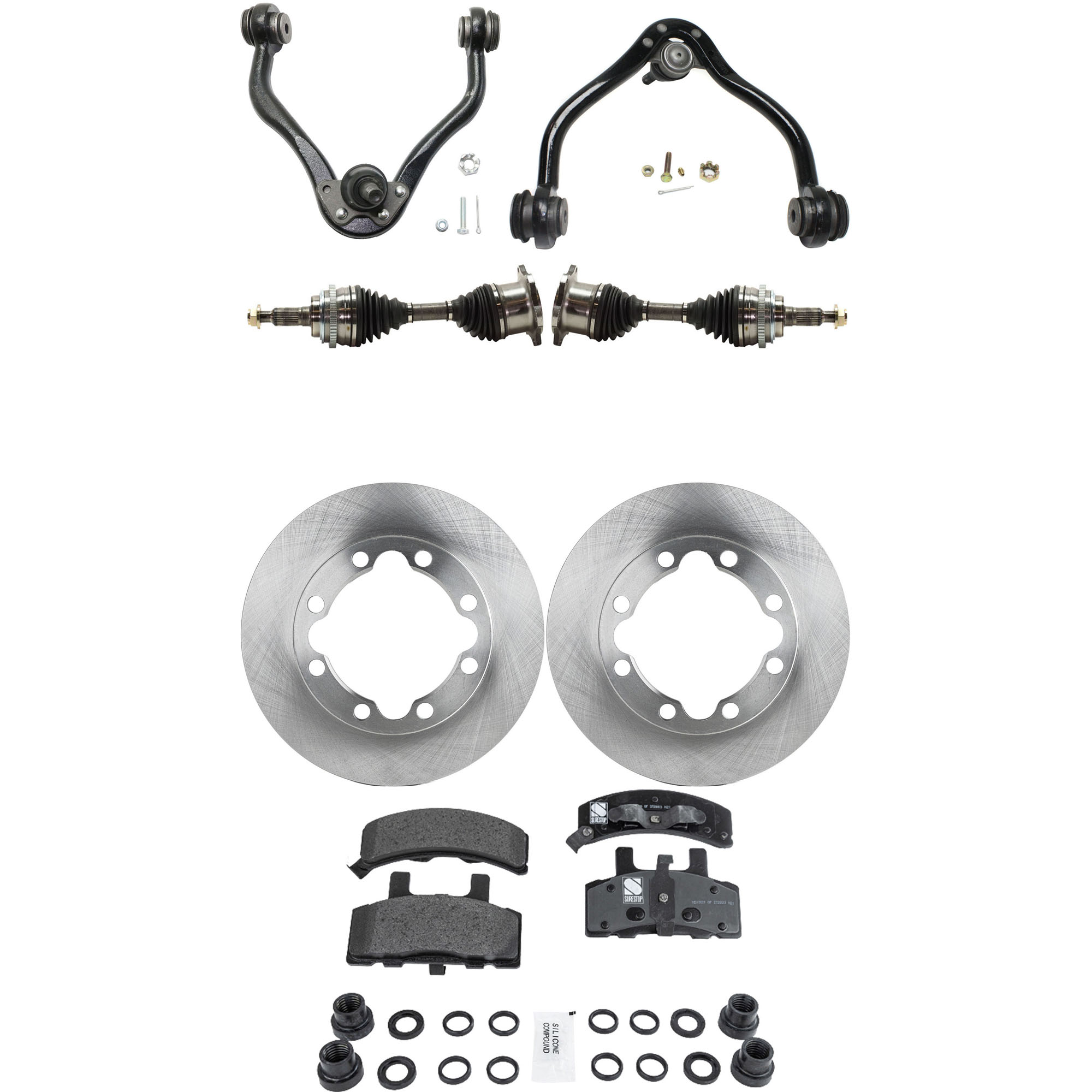 AM C K FULL SIZE P U 89-99 FRONT CV AXLE ASSEMBLY RH AND LH 8 pc kit with Brake Discs Brake Pad Set and Control Arms SKU KIT 061522-041 OEM 4798315-52007851-12549136-1556