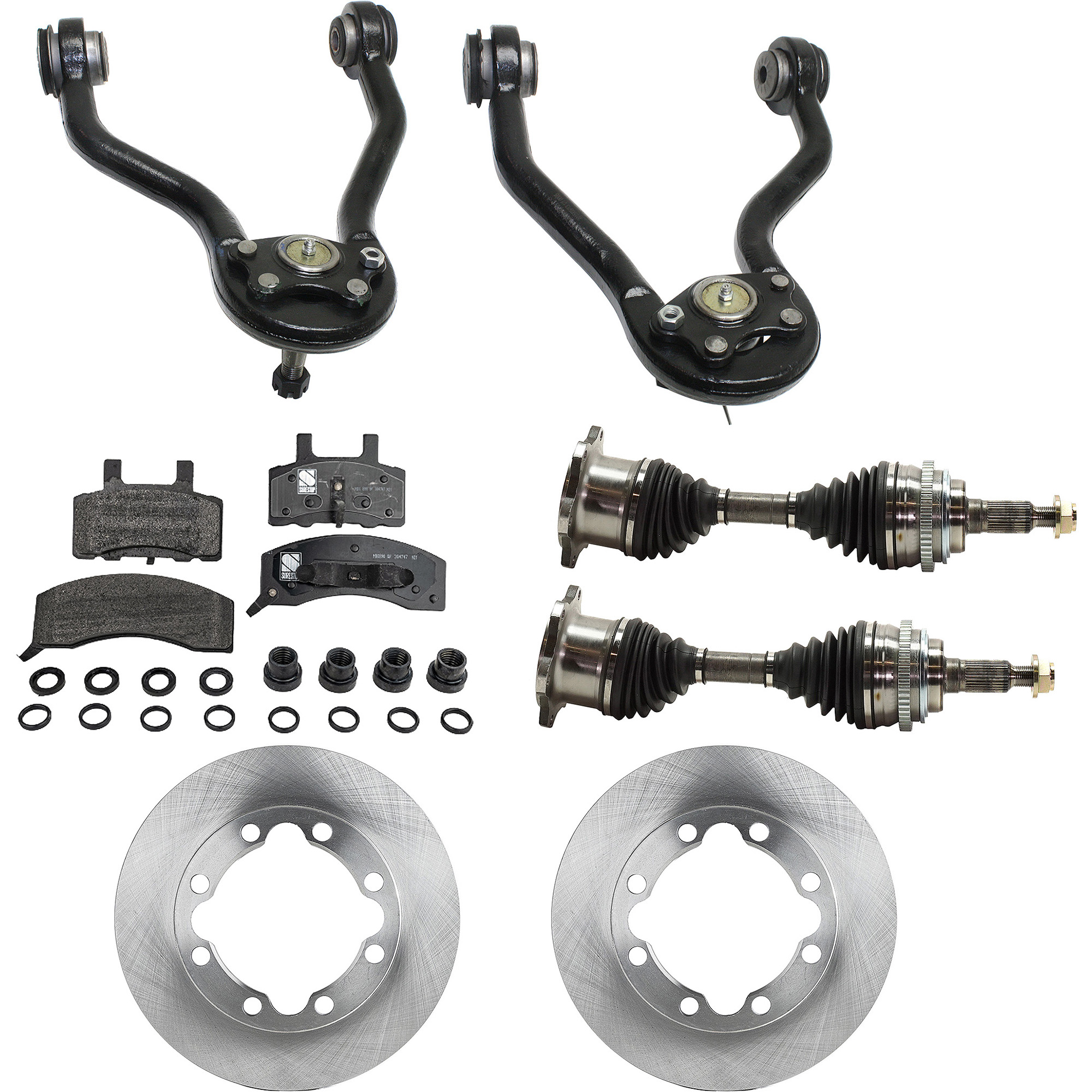 AM K2500-89-89 K2500-99-00 FRONT CV AXLE ASSEMBLY RH AND LH 8 pc kit with Brake Discs Brake Pad Set and Control Arms SKU KIT 061522-045 OEM 4798315-52007851-12549136-1556