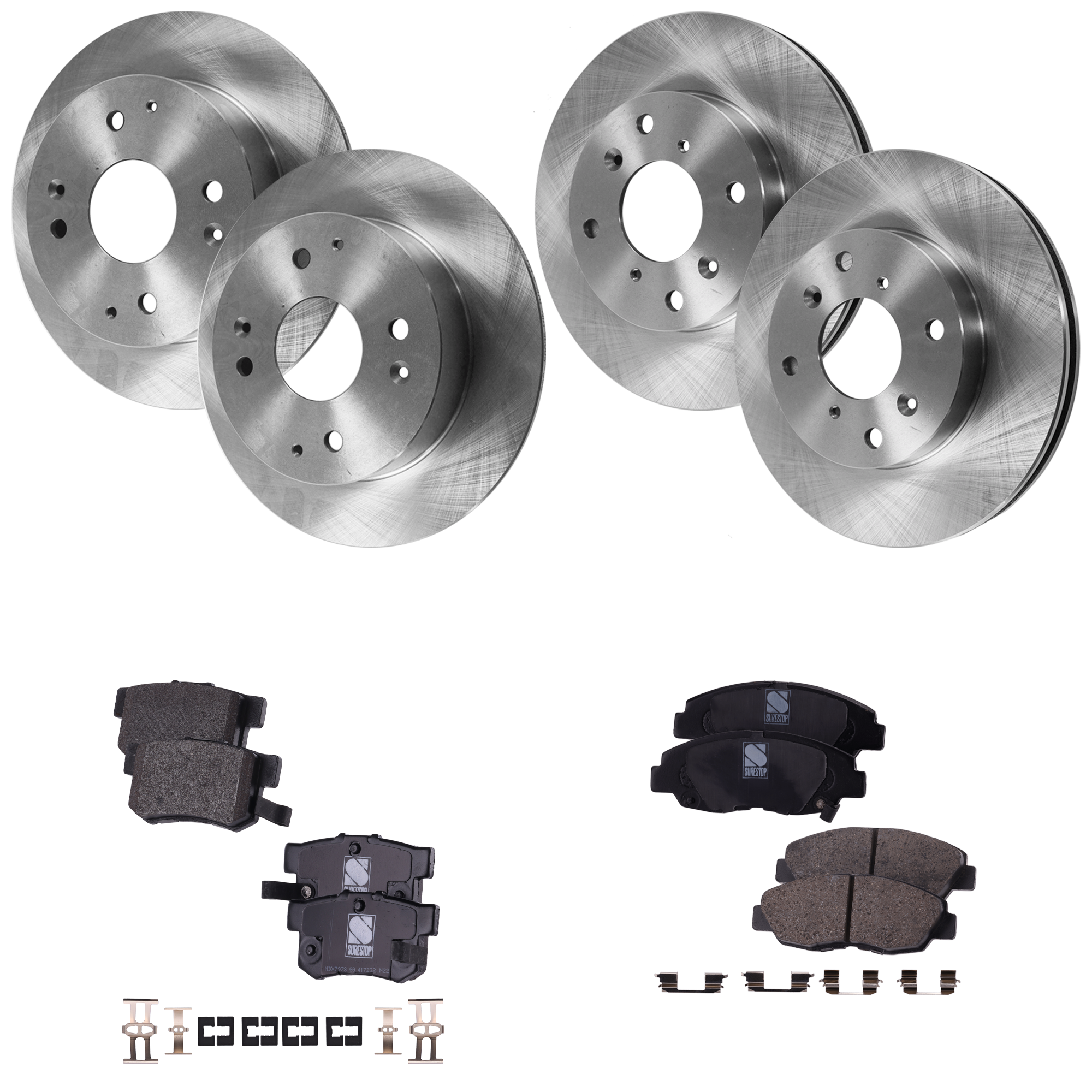 AM CL 98-99 FRONT AND REAR BRAKE DISC AND PAD KIT 4 Wheel Set Plain Surface 4 Lugs Cast Iron Ceramic SKU KIT 061523-05 OEM 45251S84A01-42510S84A50-4251