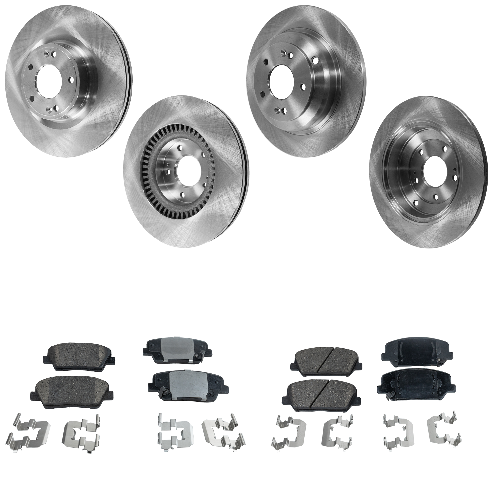 AM GENESIS COUPE 10-16 FRONT AND REAR BRAKE DISC AND PAD KIT 4 Wheel Set Plain Surface 5 Lugs Cast Iron Ceramic SKU KIT 061523-10 OEM 31-549-446-948-502-000-000-000-000