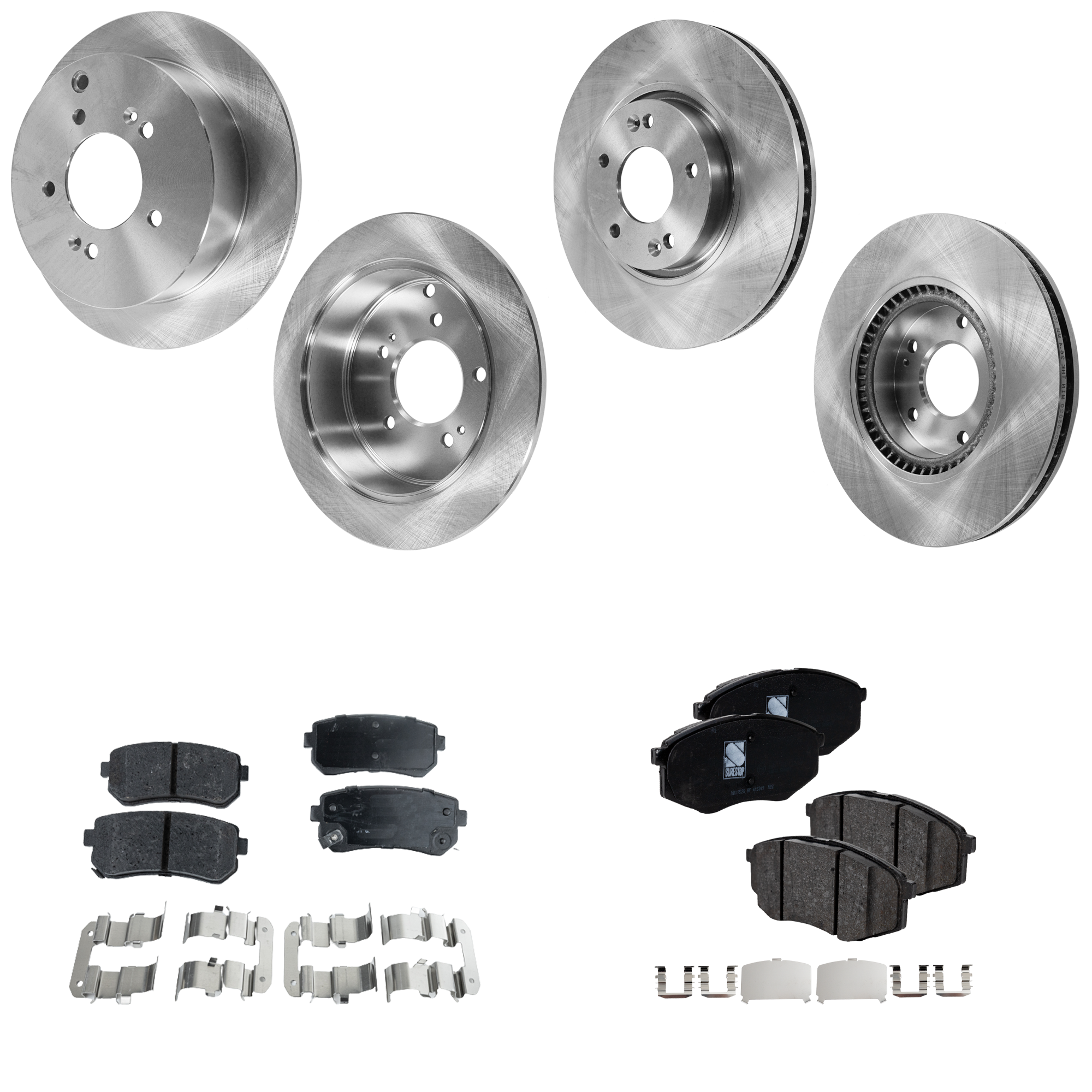 AM TUCSON 10-12 FRONT AND REAR BRAKE DISC AND PAD KIT 4 Wheel Set Plain Surface 5 Lugs Cast Iron Ceramic Front Non Asbestos Organic Rear SKU KIT 061523-12 OEM 517123K100-584113A300-581012SA