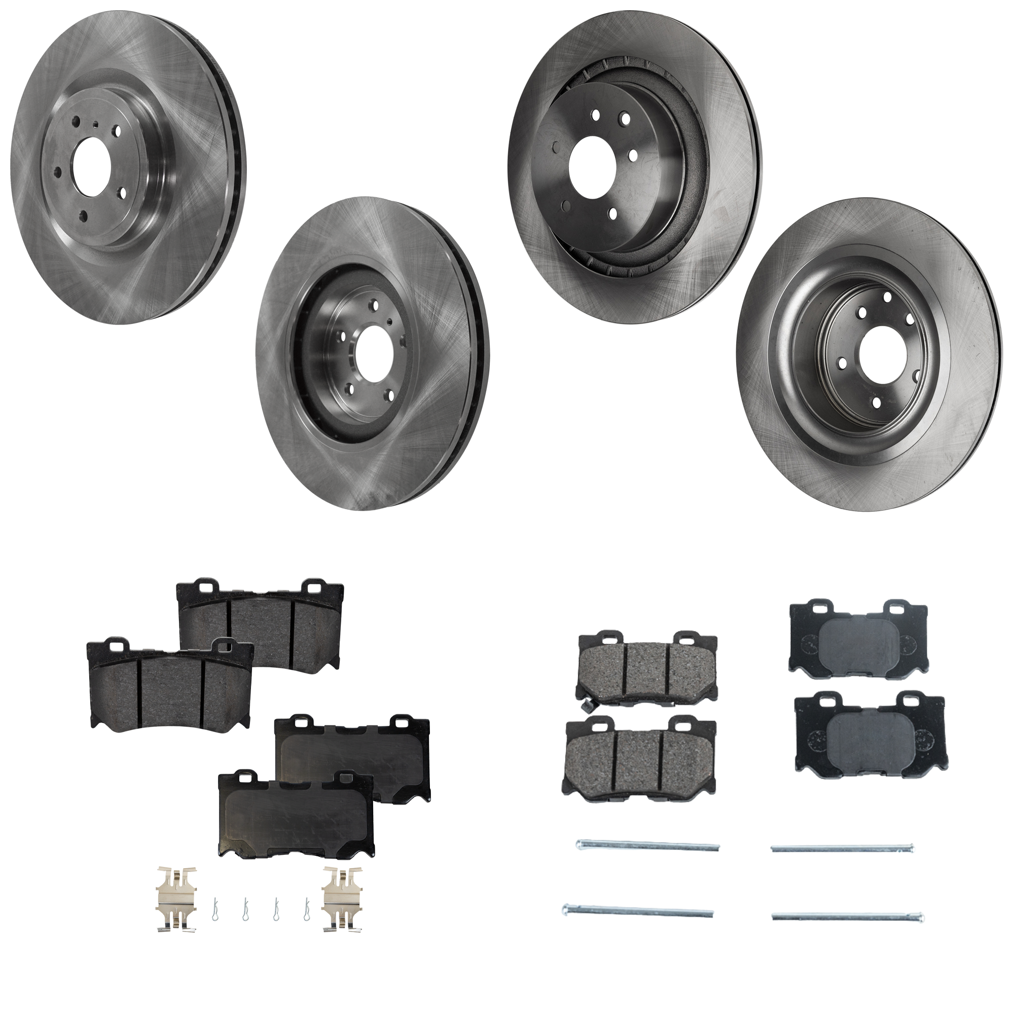 AM 370Z 09-20 G37-08-13 FRONT AND REAR BRAKE DISC AND PAD KIT 4 Wheel Set Plain Surface 5 Lugs Cast Iron Non Asbestos Organic SKU KIT 061523-15 OEM 40206JL00A 43206JL00A D40604GH