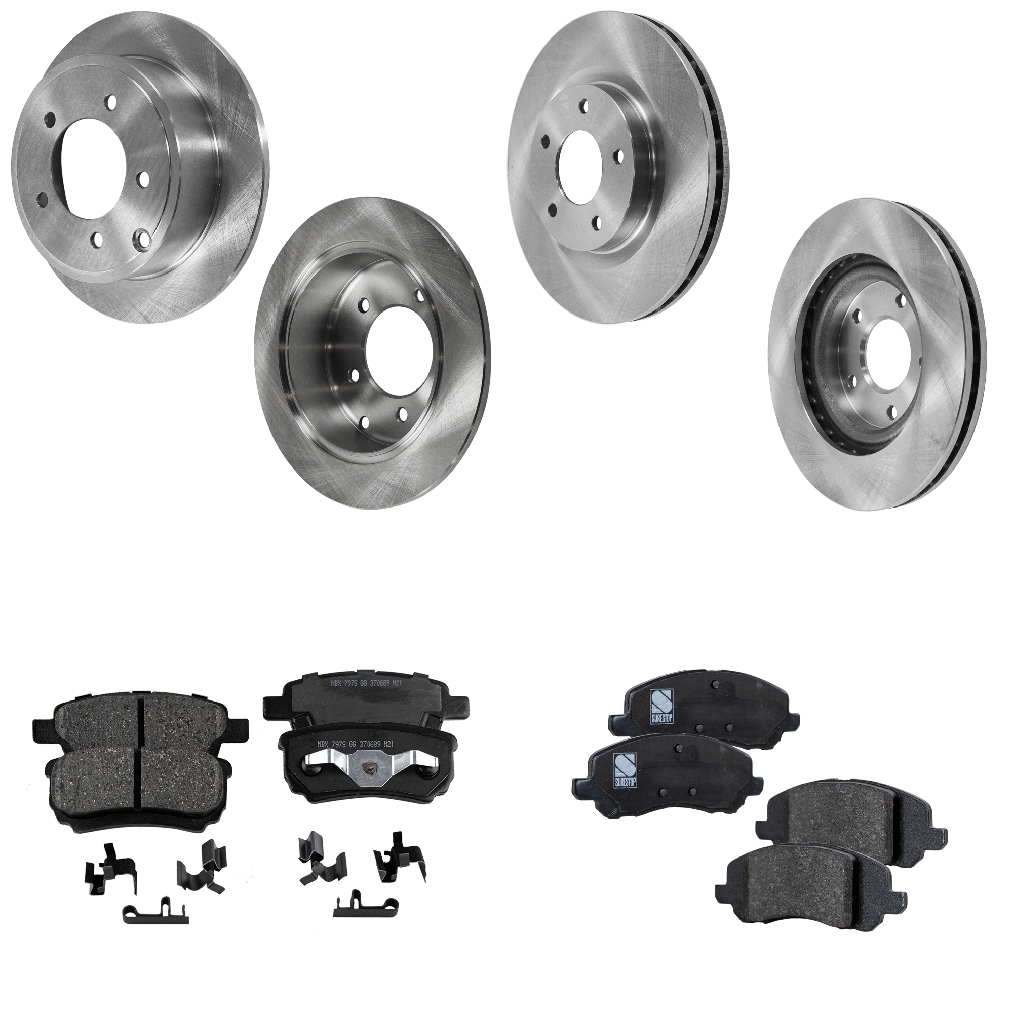 AM COMPASS 07-17 PATRIOT 13-17 FRONT AND REAR BRAKE DISC AND PAD KIT 4 Wheel Set Plain Surface 5 Lugs Cast Iron Ceramic SKU KIT 061523-16 OEM 5105514AA 5105514-5105515AA 51