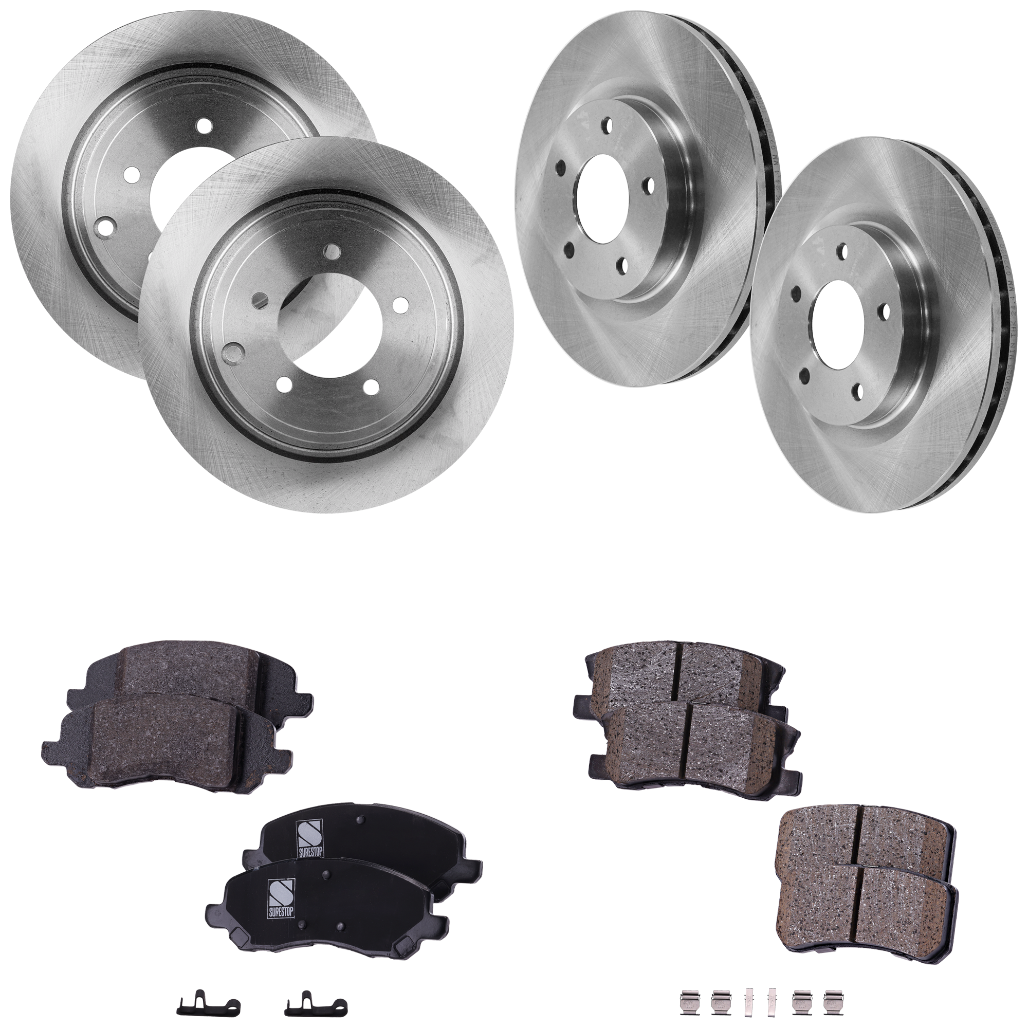 AM COMPASS 09-17 SEBRING 09-10 FRONT AND REAR BRAKE DISC AND PAD KIT 4 Wheel Set Plain Surface 5 Lugs Cast Iron Ceramic SKU KIT 061523-18 OEM 5105514AA 5105514-4615A010-461
