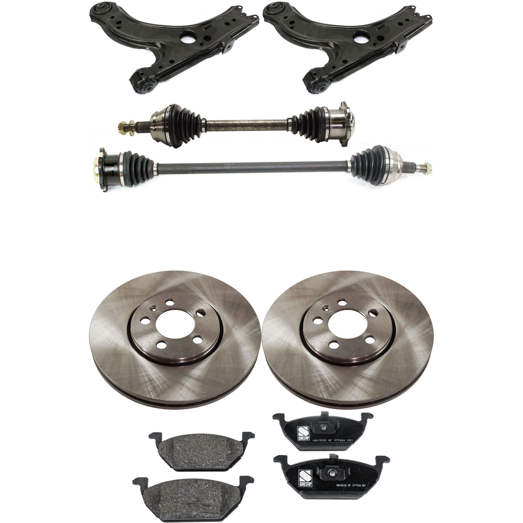 AM GOLF 00-02 FRONT CV AXLE ASSEMBLY RH AND LH 7 pc kit with Brake Discs Brake Pad Set and Control Arms SKU KIT 061622-050 OEM 1J0615301R 1J0698151-1J0698151