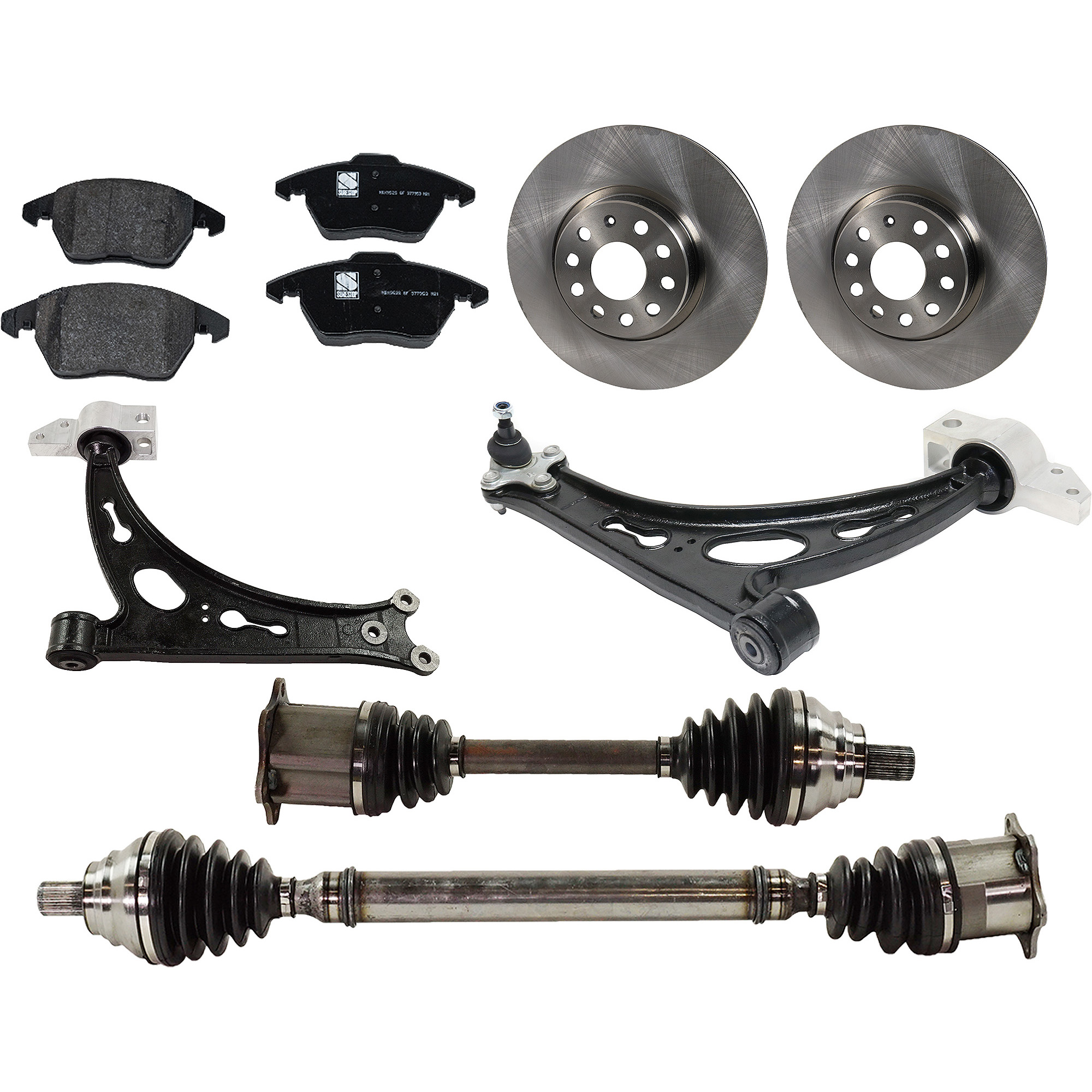 AM EOS 07-08 JETTA 09-14 FRONT CV AXLE ASSEMBLY RH AND LH 8 pc kit with Brake Discs Brake Pad Set and Control Arms SKU KIT 061622-143 OEM 1K0615301AA 1609987980-425260