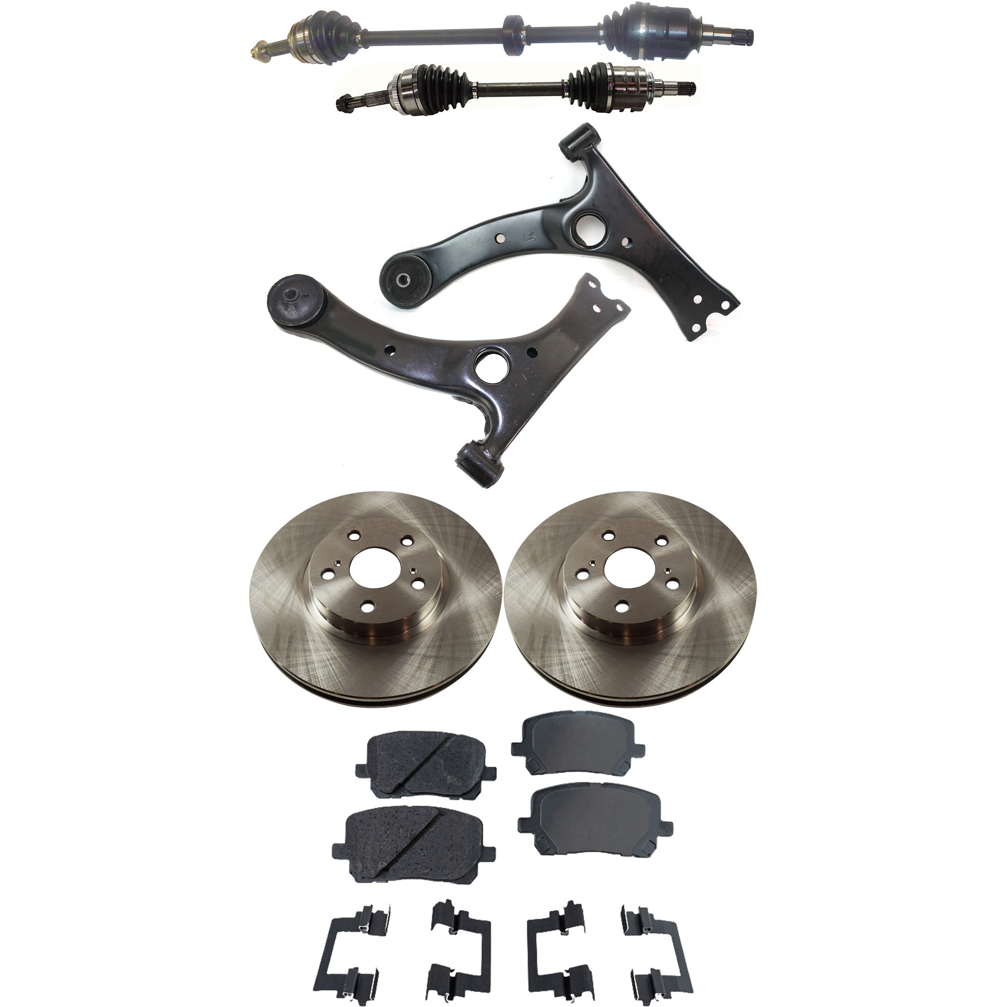 AM MATRIX VIBE 03-08 FRONT CV AXLE ASSEMBLY RH AND LH 8 pc kit with Brake Discs Brake Pad Set and Control Arms SKU KIT 061622-292 OEM 4351202110-4351202130-43512021