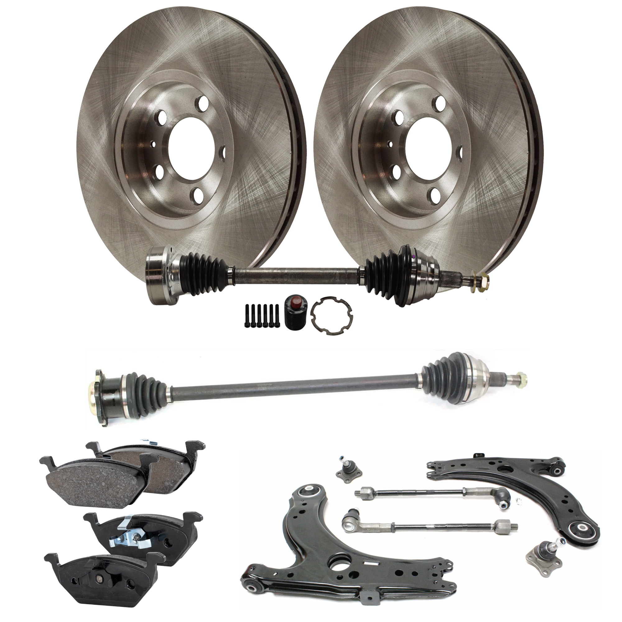 AM JETTA 04-05 FRONT CONTROL Arms RH AND LH Lower 6 pc kit with Axle Assemblies Brake Discs and Brake Pad Set SKU KIT 061622-326 OEM 1J0615301R 1J0698151-1J0698151