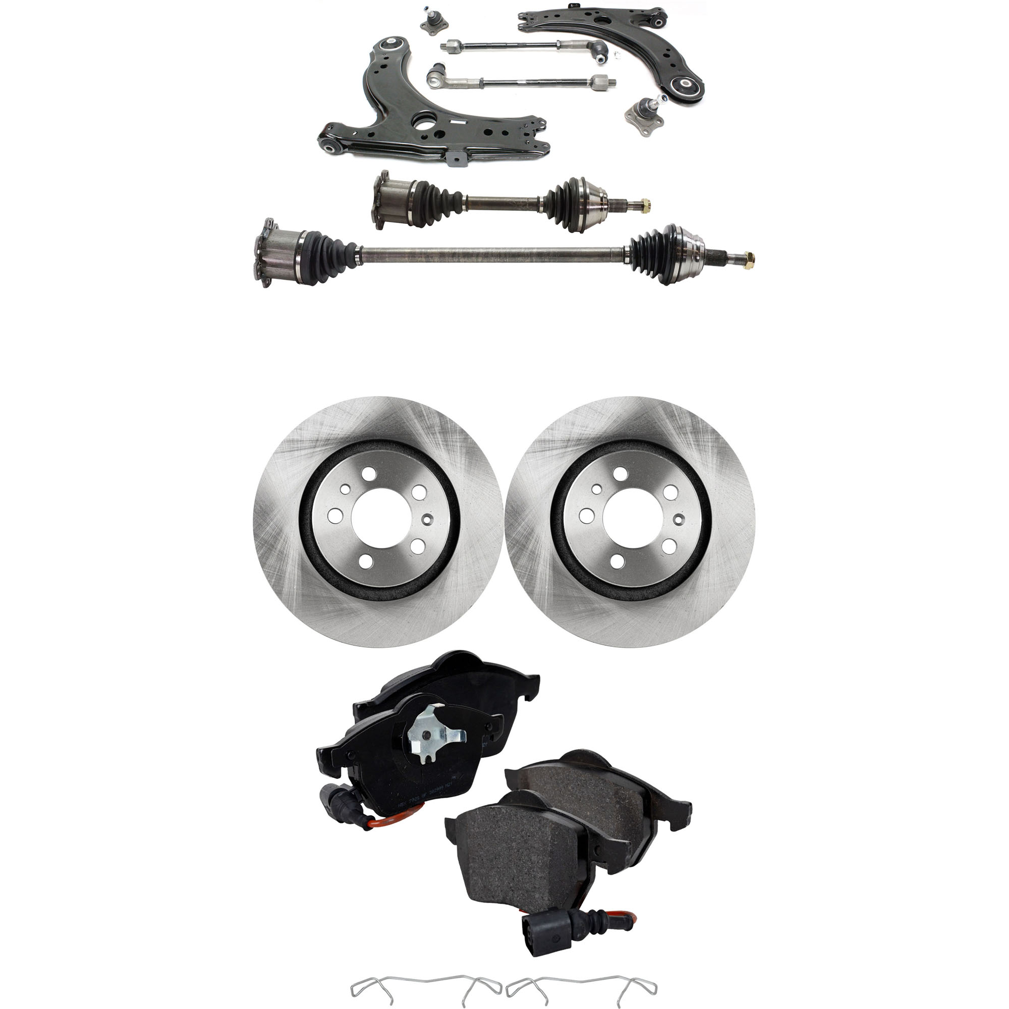 AM JETTA 02-05 FRONT CONTROL ARM RH AND LH Lower 6 pc kit with Axle Assemblies Brake Discs and Brake Pad Set SKU KIT 061622-346 OEM 1J0615301P 1J0698151K 1J069815