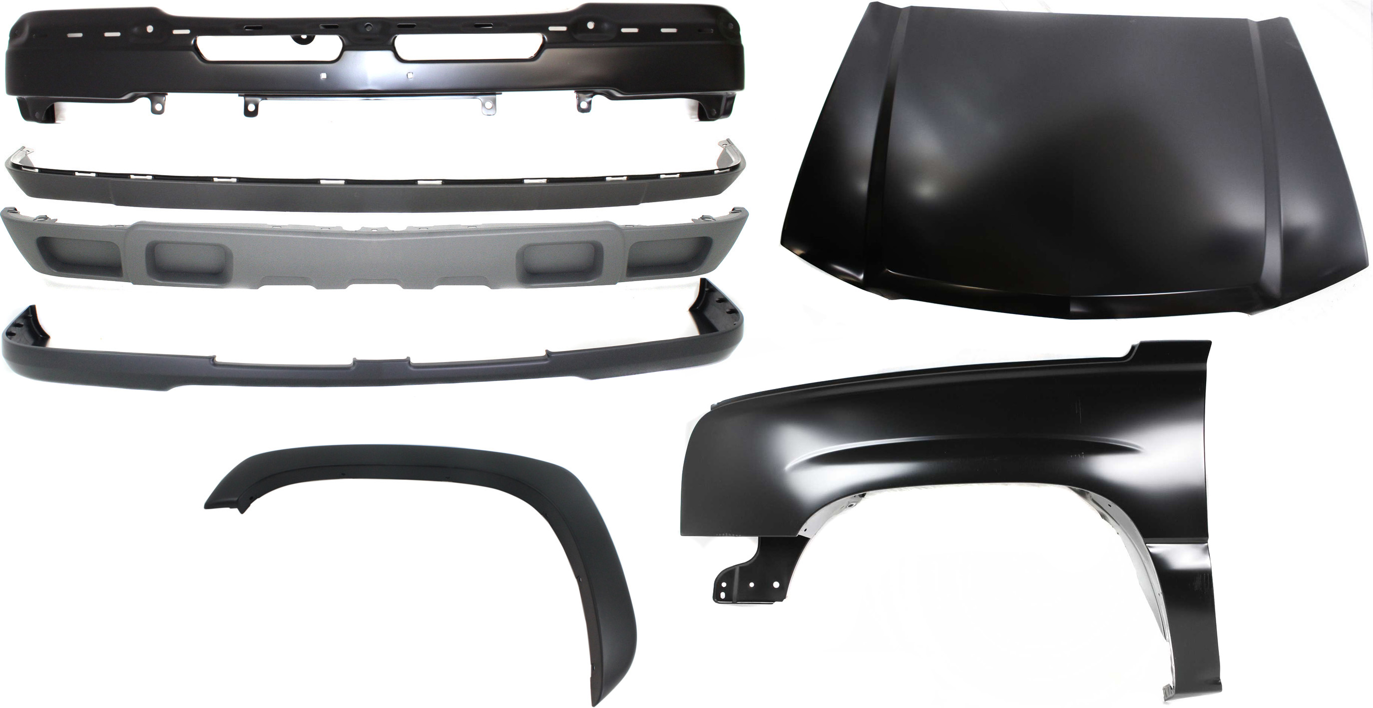 AM SILVERADO 1500-03-07 FRONT FENDER LH 7 pc Kit Includes Bumper Bumper Cover Fender Flares Hood and Valance SKU KIT 061717-18 Partslink GM1240305 GM1002417 GM1051112 GM1268103 GM1230274 GM1092200 GM1092206 OEM 88944420-89025748-89025820-103
