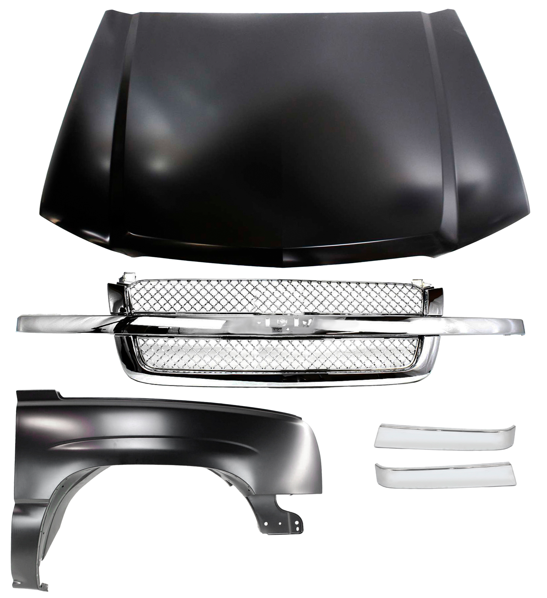 AM SILVERADO 03-07 FRONT FENDER RH 5 pc Kit Includes Grille Assembly Grille Trim and Hood SKU KIT 061717-38 Partslink GM1241305 GM1200514 GM1213105 GM1212105 GM1230274 OEM 88944419-88968933 PFM 10397972