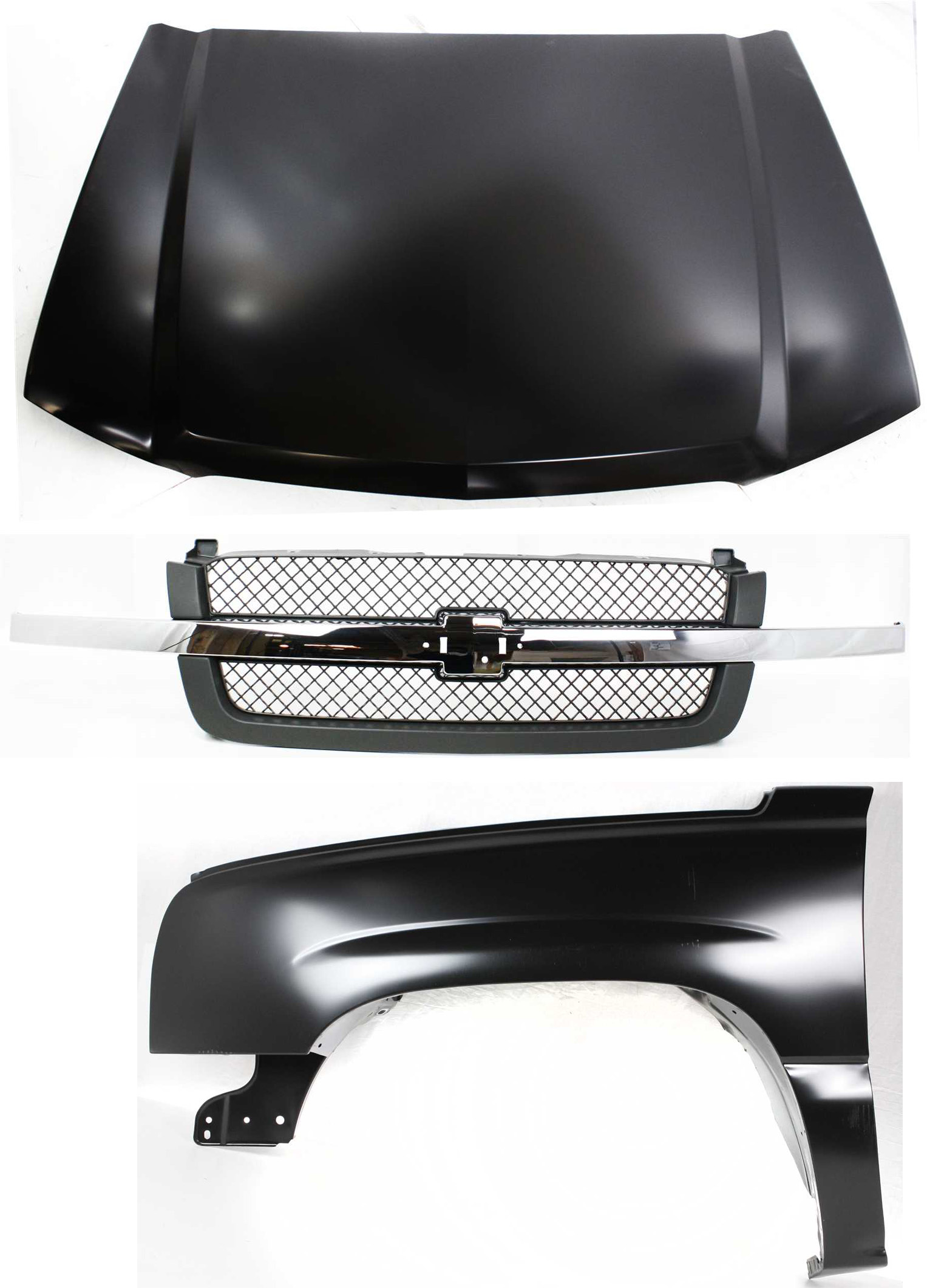 AM CHEVROLET C K FULL SIZE PICKUP 03-07 FRONT FENDER LH 3 pc kit Primed w Grille and Hood SKU KIT 061717-45 Partslink GM1240305 GM1200474 GM1230274 OEM 88944420-88968933-88944302