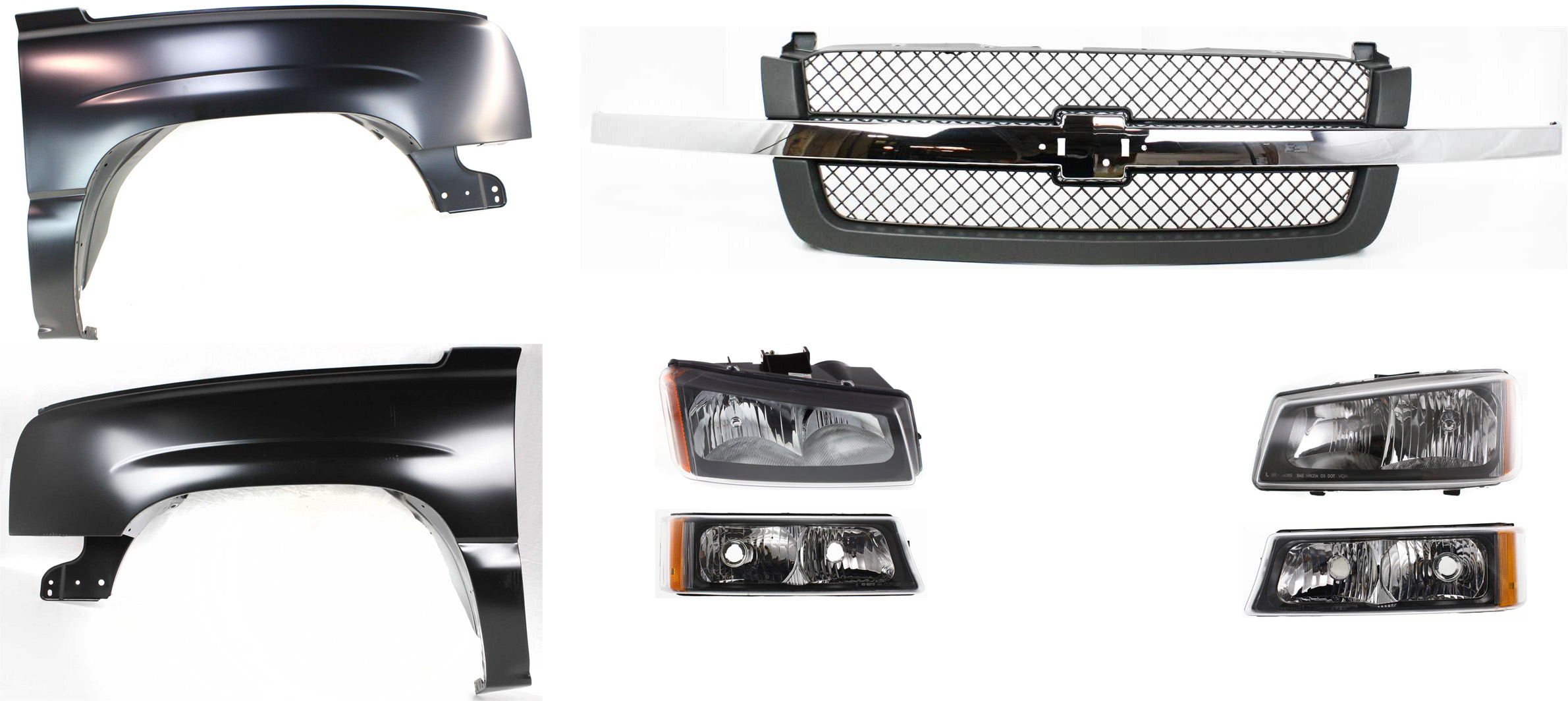 AM CHEVROLET C K FULL SIZE PICKUP 03-07 FRONT FENDER RH AND LH 7 pc kit Primed w Grille Headlight and Turn Signal Light SKU KIT 061717-55 Partslink GM1240305 GM1241305 GM1200474 GM2503257 GM2502257 GM2521185 GM2520185 OEM 88944420-88944419-88968933-103