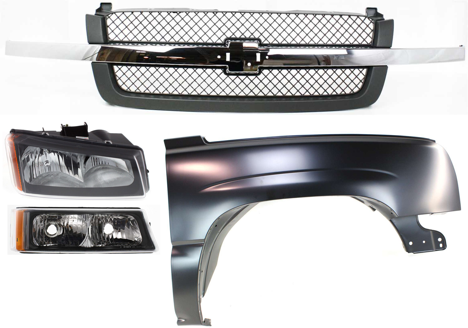 AM CHEVROLET C K FULL SIZE PICKUP 03-07 FRONT FENDER RH 4 pc kit Primed w Grille Headlight and Turn Signal Light SKU KIT 061717-61 Partslink GM1241305 GM1200474 GM2503257 GM2521185 OEM 88944419-88968933-10396912-151