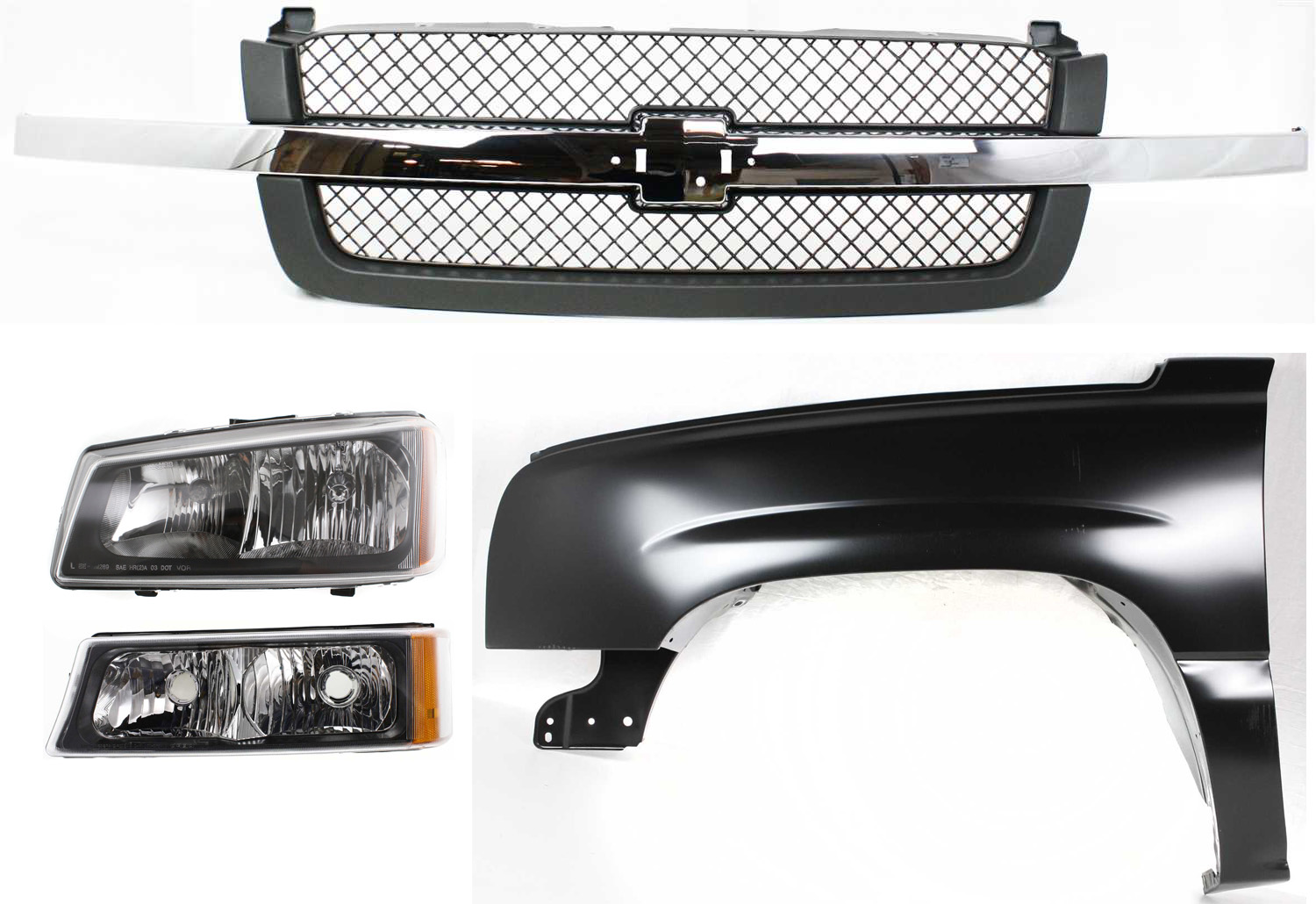 AM CHEVROLET C K FULL SIZE PICKUP 03-07 FRONT FENDER LH 4 pc kit Primed w Grille Headlight and Turn Signal Light SKU KIT 061717-67 Partslink GM1240305 GM1200474 GM2502257 GM2520185 OEM 88944420-88968933-10396913-151