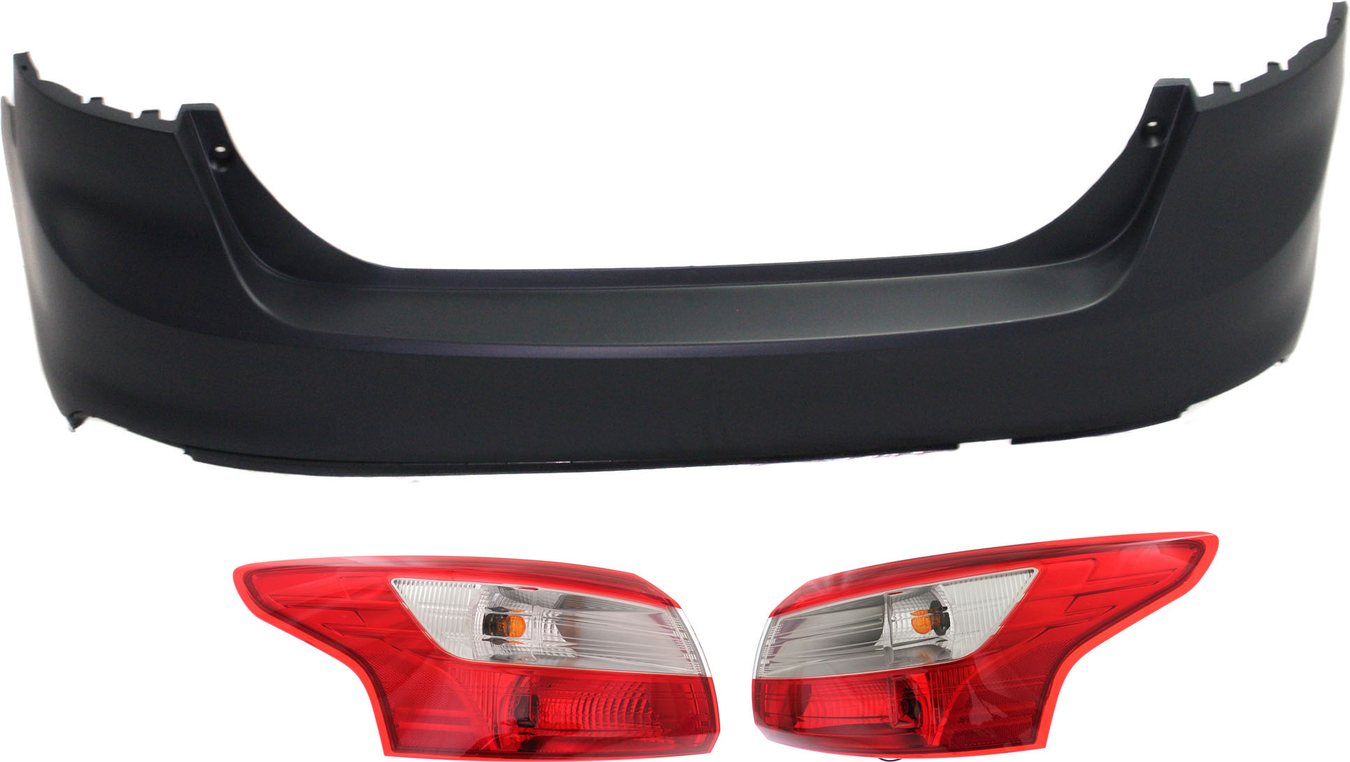AM FOCUS 12-14 REAR BUMPER COVER 3 pc Kit with Tail Lights Sedan SKU KIT 061817-58 Partslink FO1100677 FO2819151 FO2818151 OEM CP9Z17K835BAPTM DM5Z13404E DM5