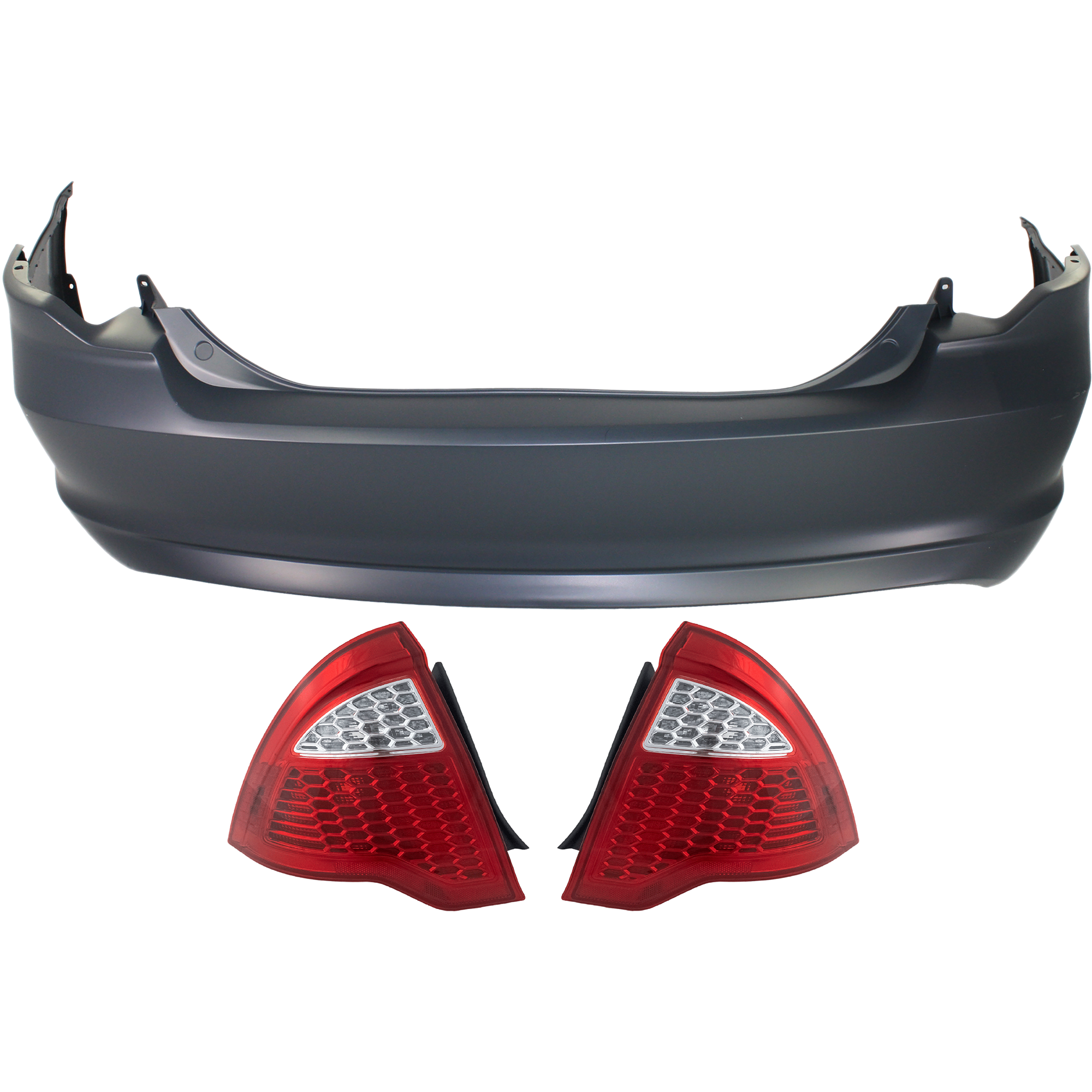 AM FUSION 10-12 REAR BUMPER COVER 3 pc Kit with Tail Lights SKU KIT 061817-92 Partslink FO1100649 FO2819147 FO2818147 OEM AE5Z17K835AAPTM 9E5Z13404A 9E5