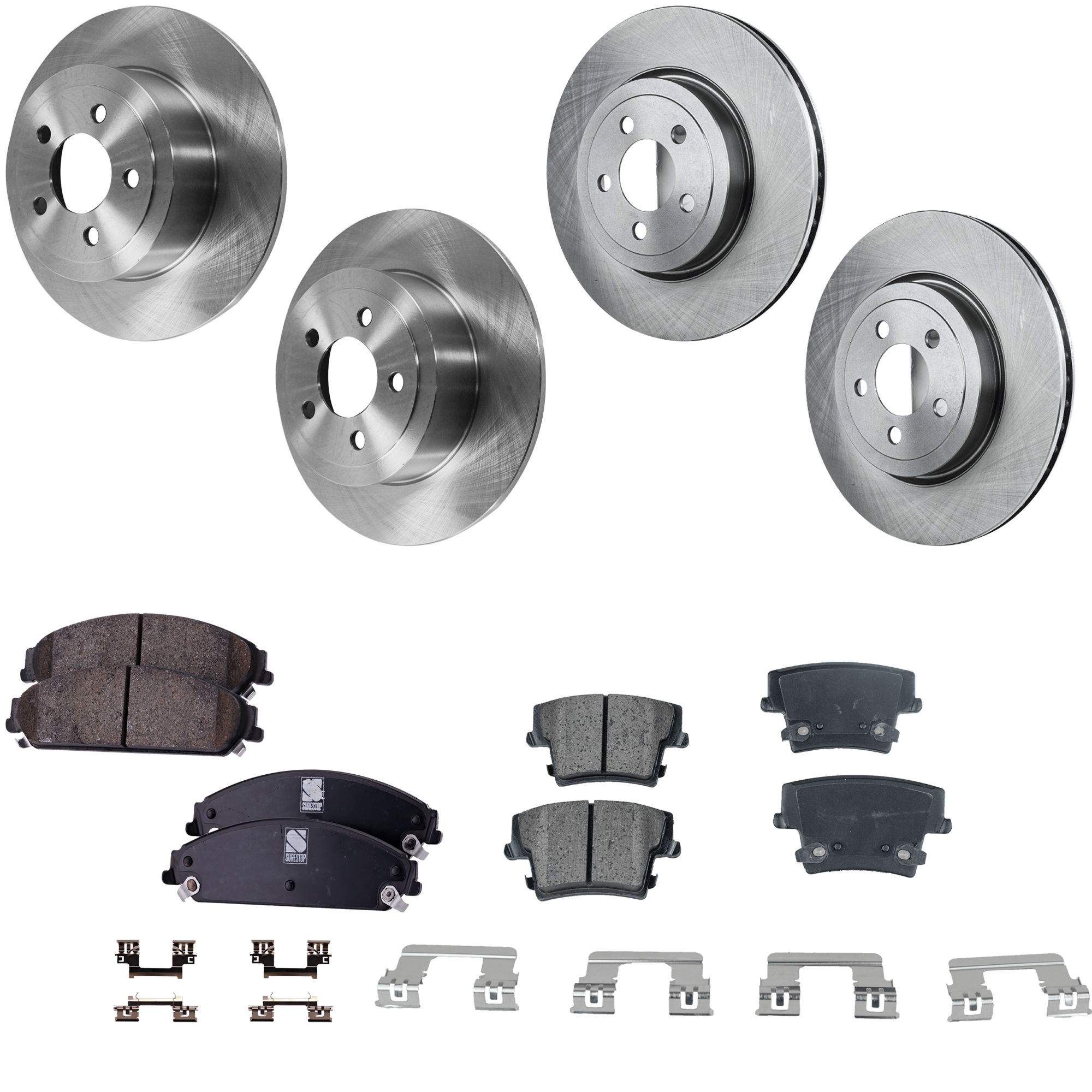 AM CHRYSLER 300-14-16 CHALLENGER 12-16 FRONT AND REAR BRAKE DISC AND PAD KIT 4 Wheel Set Plain Surface 5 Lugs SKU KIT 061824 C11 OEM 4779208AB 4779208AD 4779208AE