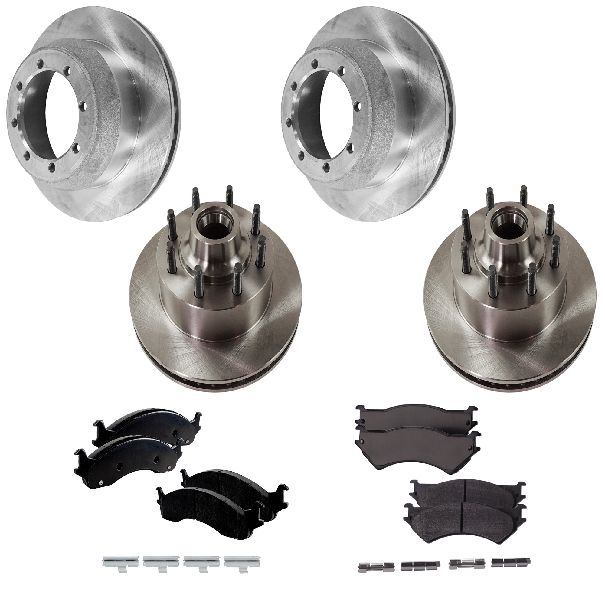 AM E 350 SUPER DUTY 01-07 FRONT AND REAR BRAKE DISC AND PAD KIT 4 Wheel Set Plain Surface Vented SKU KIT 061824 C17 OEM F5UZ1102A XC2Z2C026BB 2C2Z2200