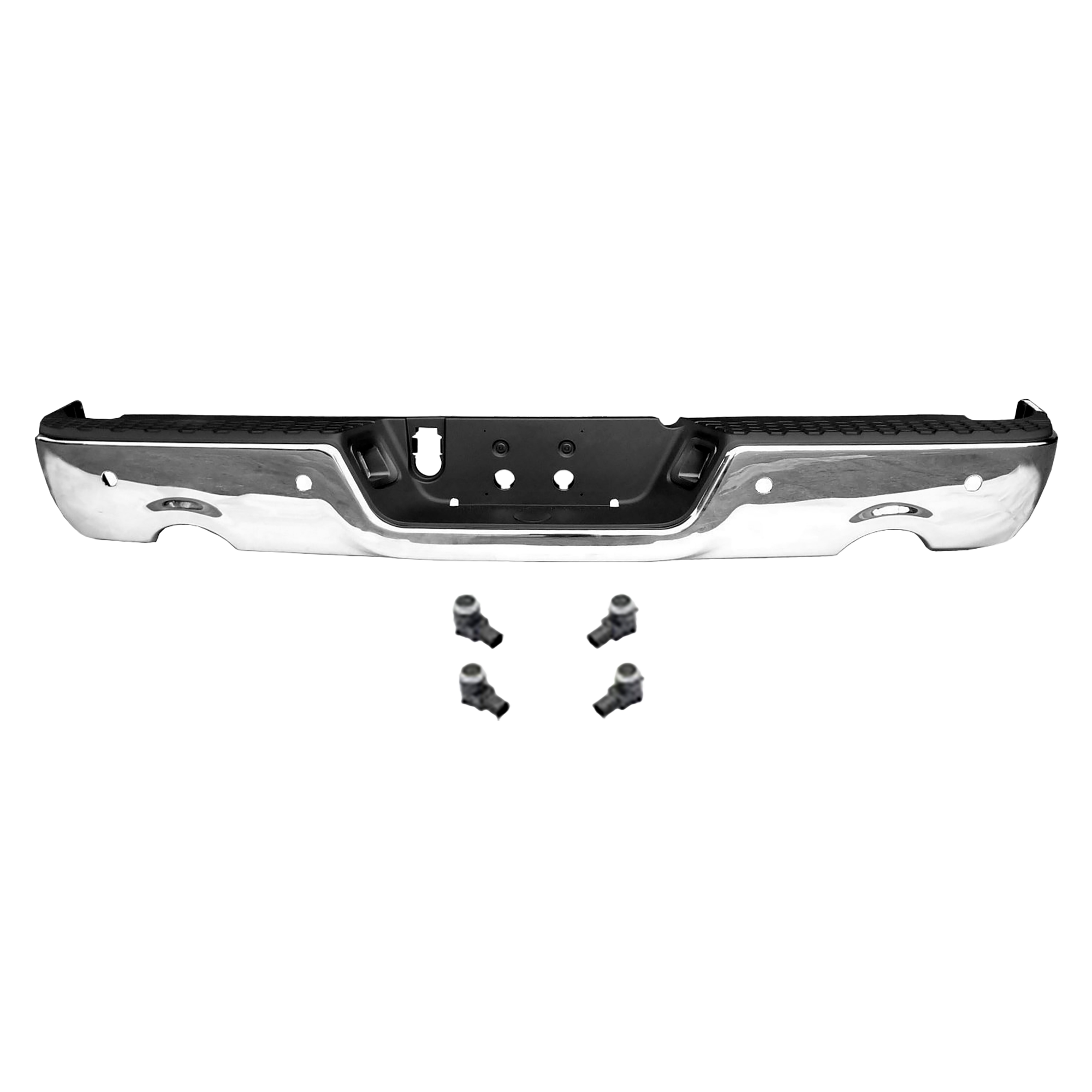 AM RAM 1500 P U 09-18 STEP BUMPER FACE BAR Chrome 5 pc kit with Parking Assist Sensors SKU KIT 061919-04 Partslink CH1103119 CH1175100 OEM 68049859AB PFM 1EW63TZZAA