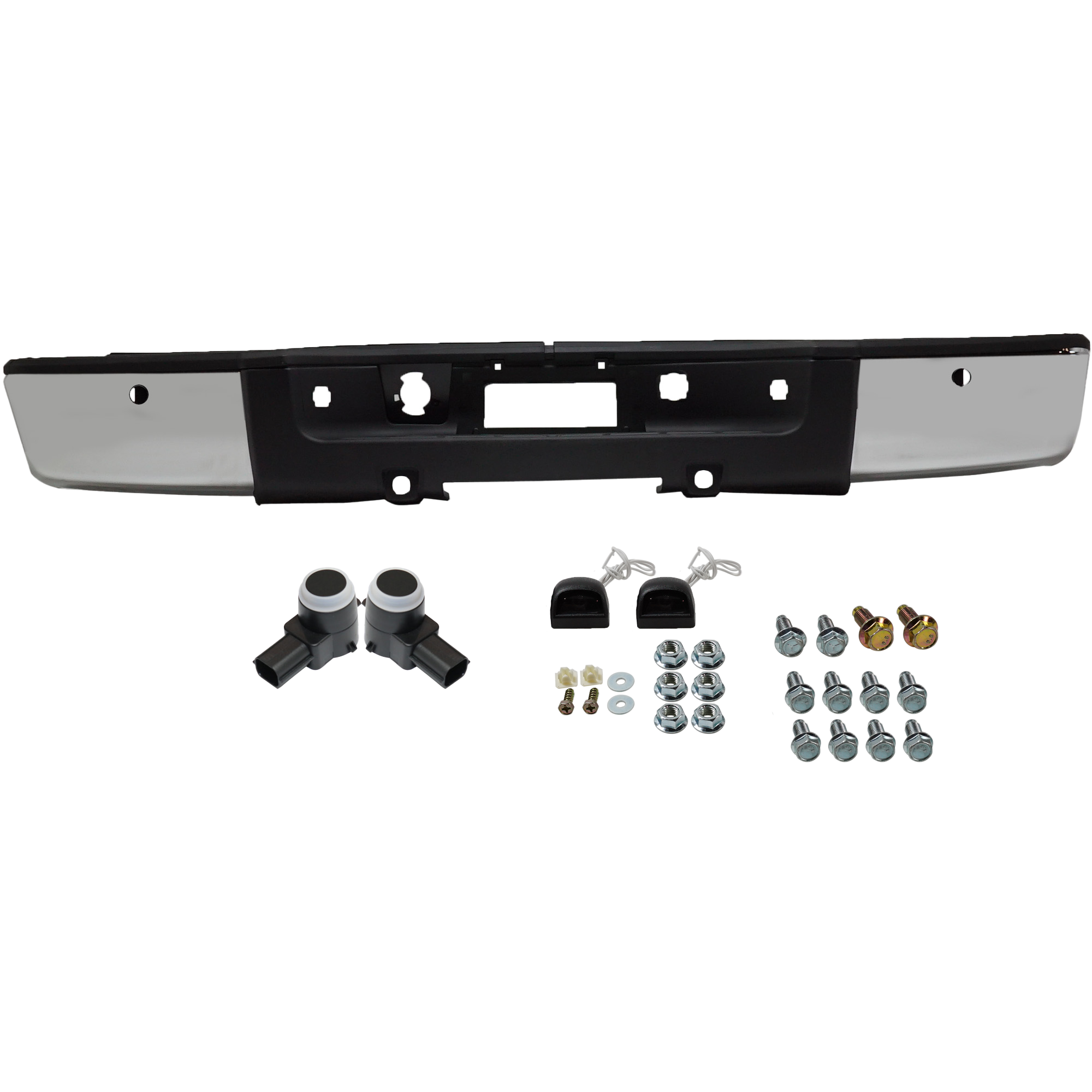 AM SILVERADO 1500 SIERRA 1500-07-13 STEP BUMPER FACE BAR 3 pc Kit Includes Parking Assist Sensor SKU KIT 061919-05 Partslink GM1103148 GM1175100 OEM 20899360 PFM 20908127