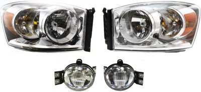AM DODGE FULL SIZE PICKUP 07-09 HEAD LAMP RH AND LH Assembly Halogen 4 pc Kit with Fog Lights SKU KIT 061919-15 Partslink CH2502180 CH2503180 CH2593121 CH2592121 OEM 68003124AD PFM 68003125AD PFM