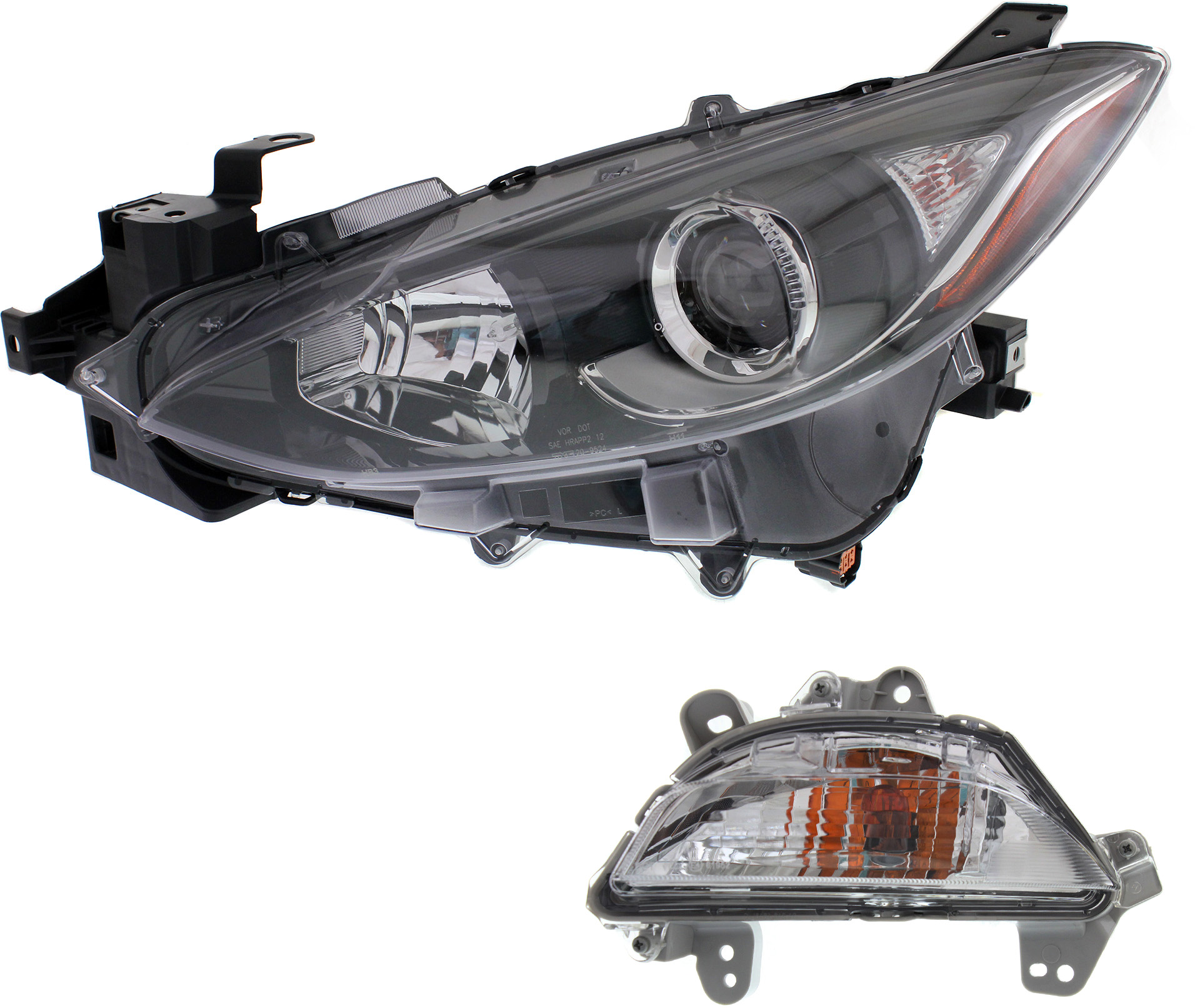 AM 3 SPORT MAZDA 3-14-16 HEAD LAMP LH Assembly Halogen 2 pc Kit with Turn Signal Light SKU KIT 062017-58 Partslink MA2502144 MA2530119 OEM BPW1510L0 B45A51360A