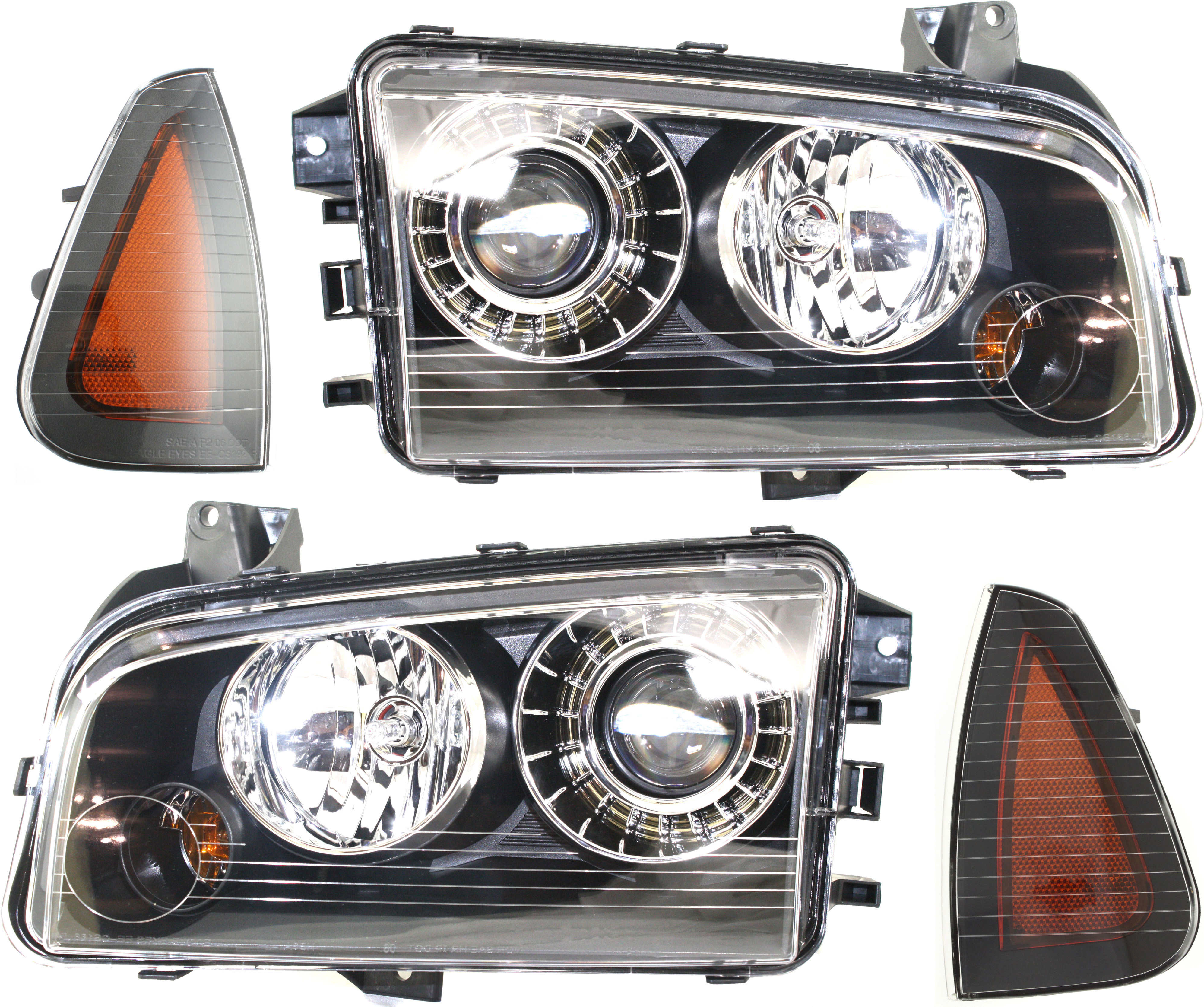 AM CHARGER 08-10 HEAD LAMP RH AND LH without Bulbs 4 pc Kit with Side Markers SKU KIT 062018-04 Partslink CH2503216 CH2502216 CH2550124 CH2551126 OEM 4806442AB 4806443AB 4806219AD