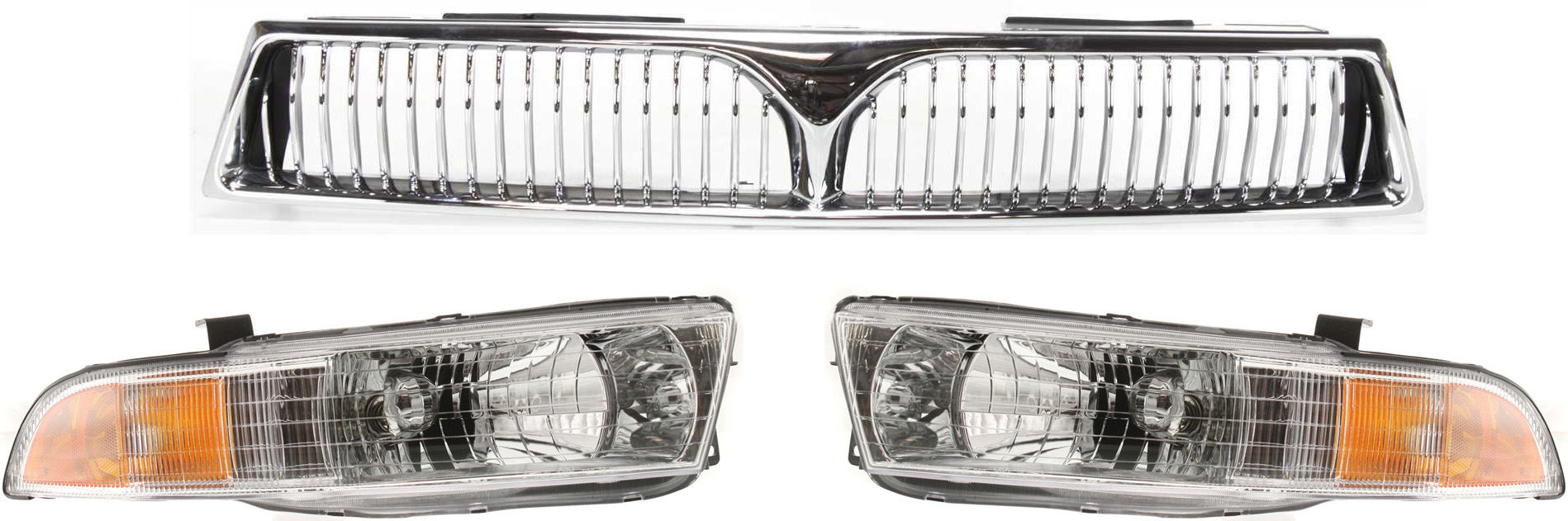 AM GALANT 99-01 GRILLE 3 pc Kit with Headlights SKU KIT 062117-03 Partslink MI1200222 MI2502111 MI2503111 OEM MR275200 MR439549 MR439550