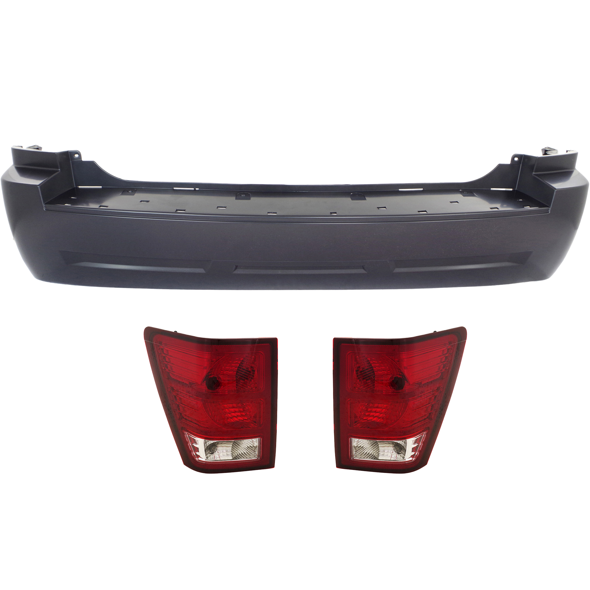 AM GRAND CHEROKEE 07-10 REAR BUMPER COVER 3 pc Kit with Tail Lights Laredo Model SKU KIT 062117-17 Partslink CH1100865 CH2801172 CH2800172 OEM 5159058AC 55079012AC 55079013A