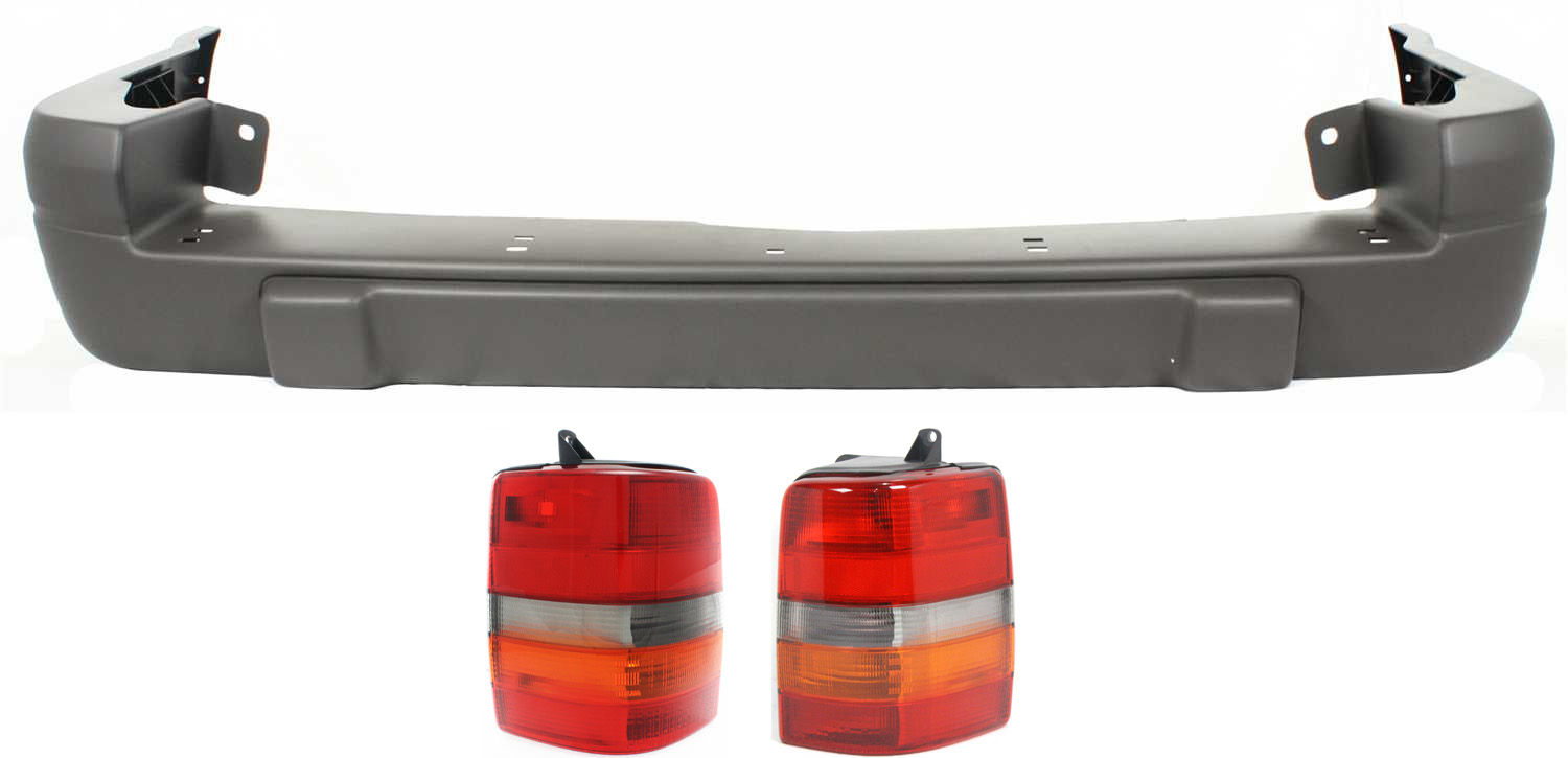 AM GRAND CHEROKEE 96-98 REAR BUMPER COVER 3 pc Kit with Tail Light Laredo Model SKU KIT 062117-35 Partslink CH1100815 CH2801121 CH2800121 OEM 5DP65SS5-55155738AA 55155739AA