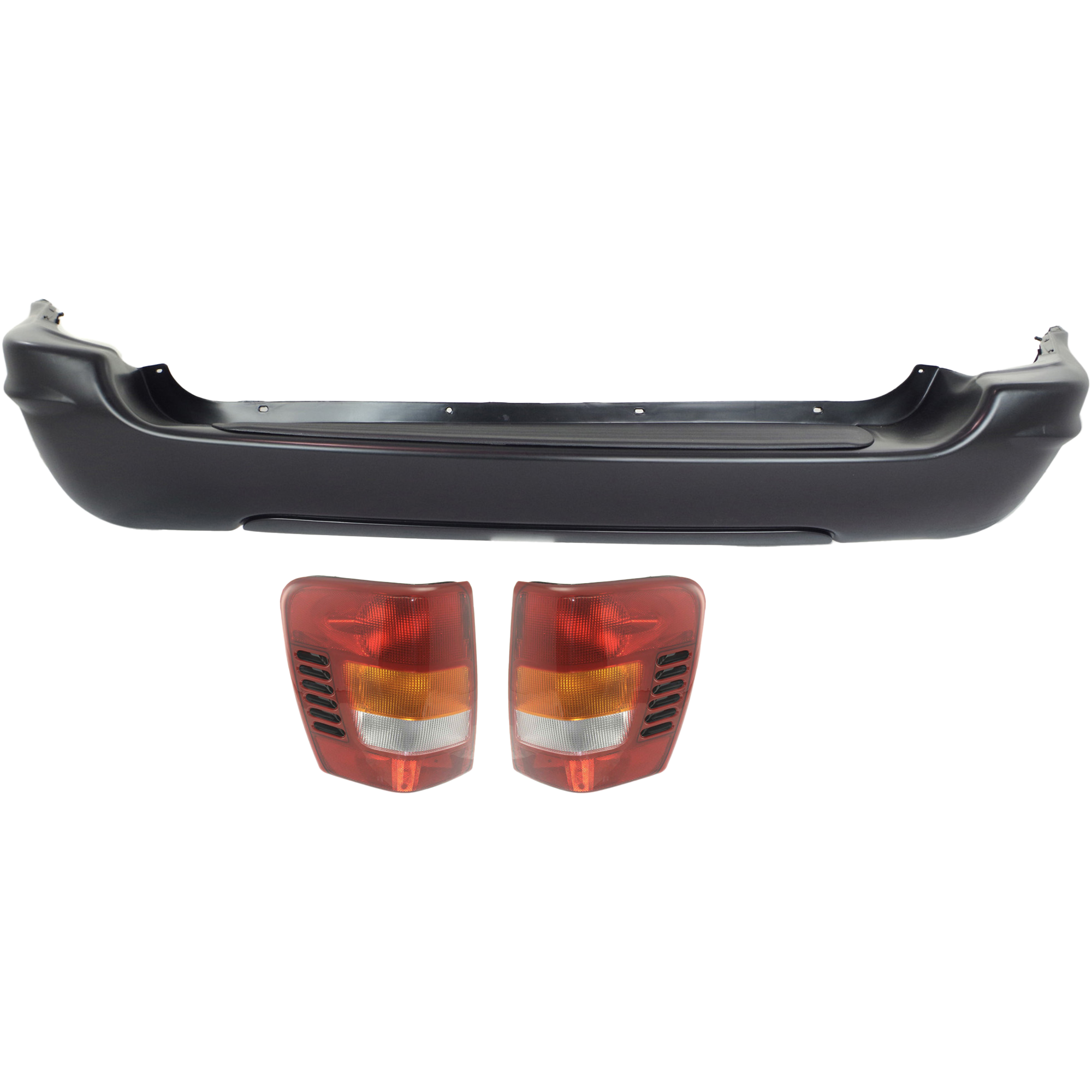 AM GRAND CHEROKEE 99-02 REAR BUMPER COVER Primed Limited Model 3 pc Kit with Tail Lights SKU KIT 062117-37 Partslink CH1100197 CH2819132 CH2818132 OEM 5012804AB 55155138AC 55155139A