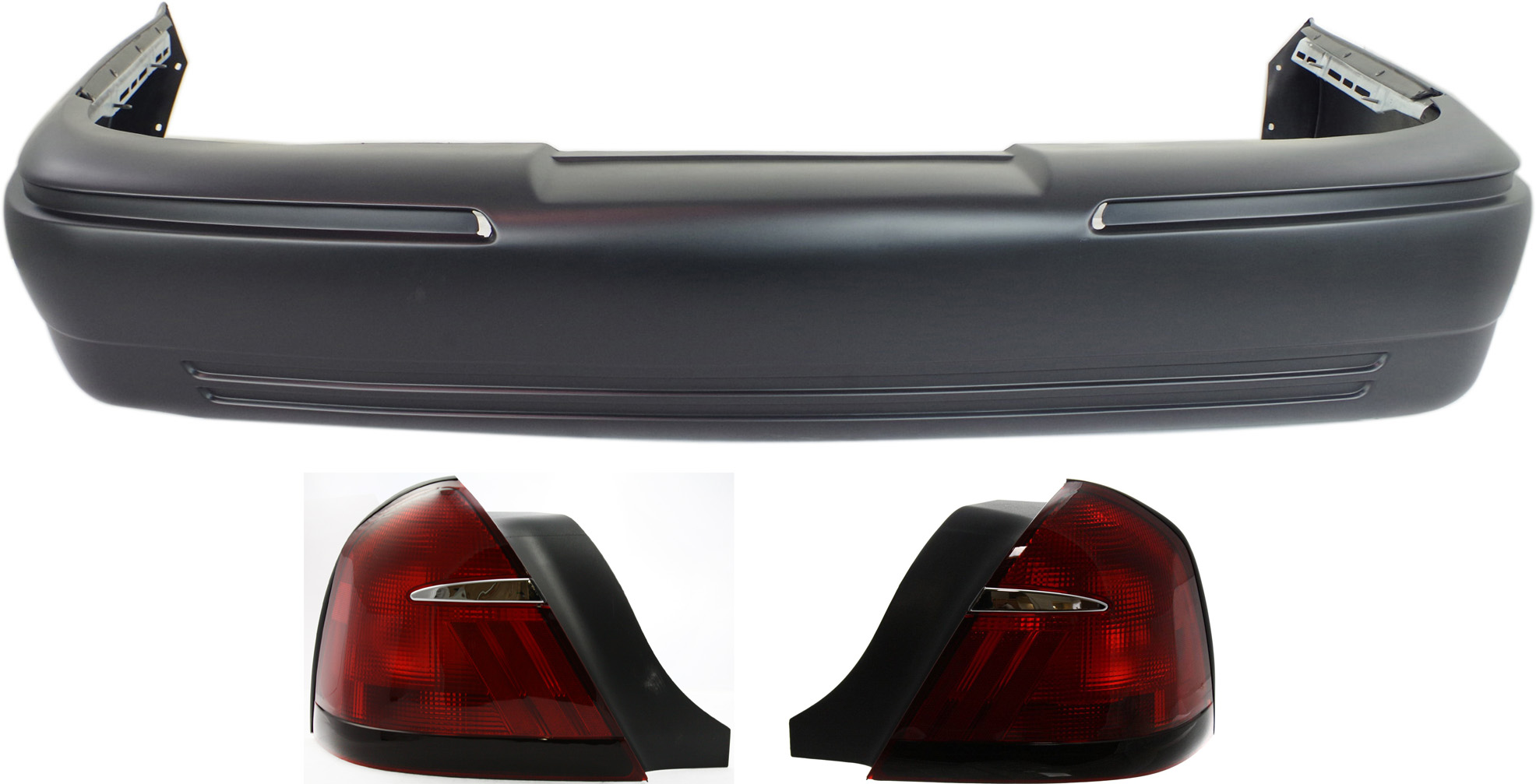 AM GRAND MARQUIS 98-02 REAR BUMPER COVER 3 pc kit with Tail Lights SKU KIT 062117-39 Partslink FO1100280 FO2819124 FO2818124 OEM 9W3Z17K835AAPTM XW3Z13404AA XW
