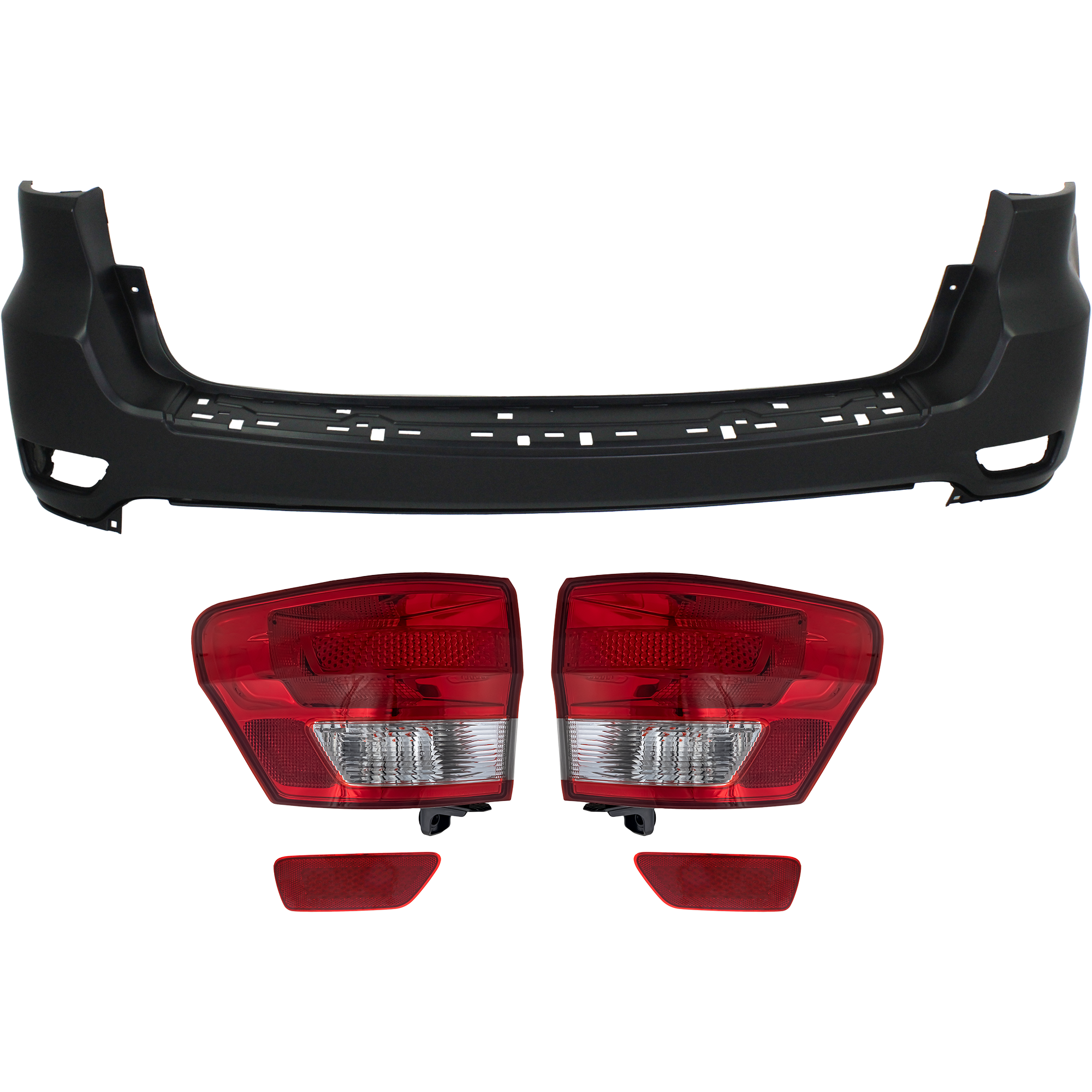 AM GRAND CHEROKEE 11-13 TAIL LAMP RH AND LH Outer 5 pc Kit with Bumper Cover and Bumper Reflector SKU KIT 062117-49 Partslink CH2804100 CH2805100 CH1100952 CH1185100 CH1184100 OEM 55079420AG 55079421AG 1VQ65TZZ