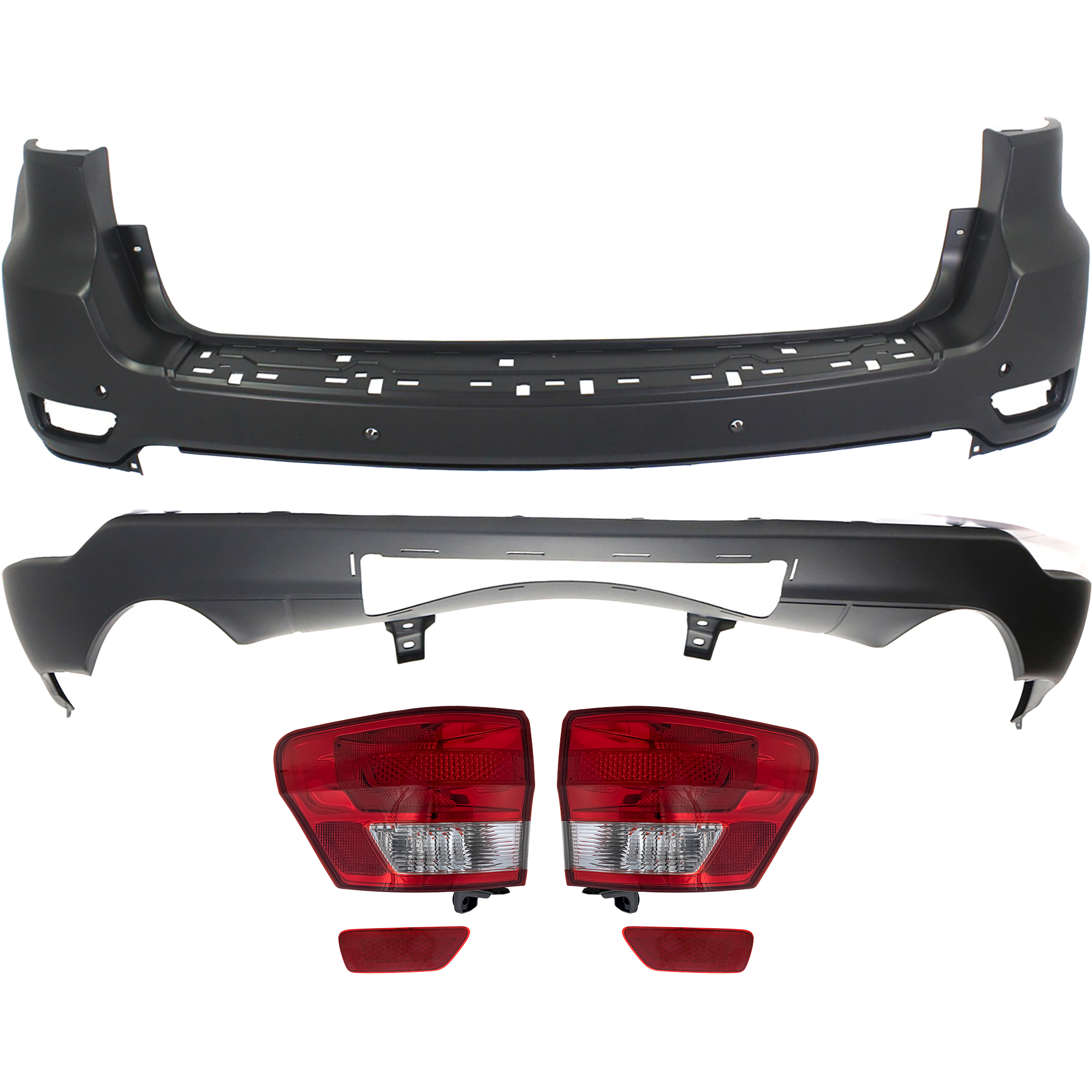AM GRAND CHEROKEE 11-13 REAR BUMPER COVER 6 pc Kit with Bumper Reflectors and Tail Lights Exc. SRT SRT 8 Mdls SKU KIT 062117-51 Partslink CH1100953 CH1195104 CH1185100 CH1184100 CH2805100 CH2804100 OEM 68078314AC 68111470AB 57010720