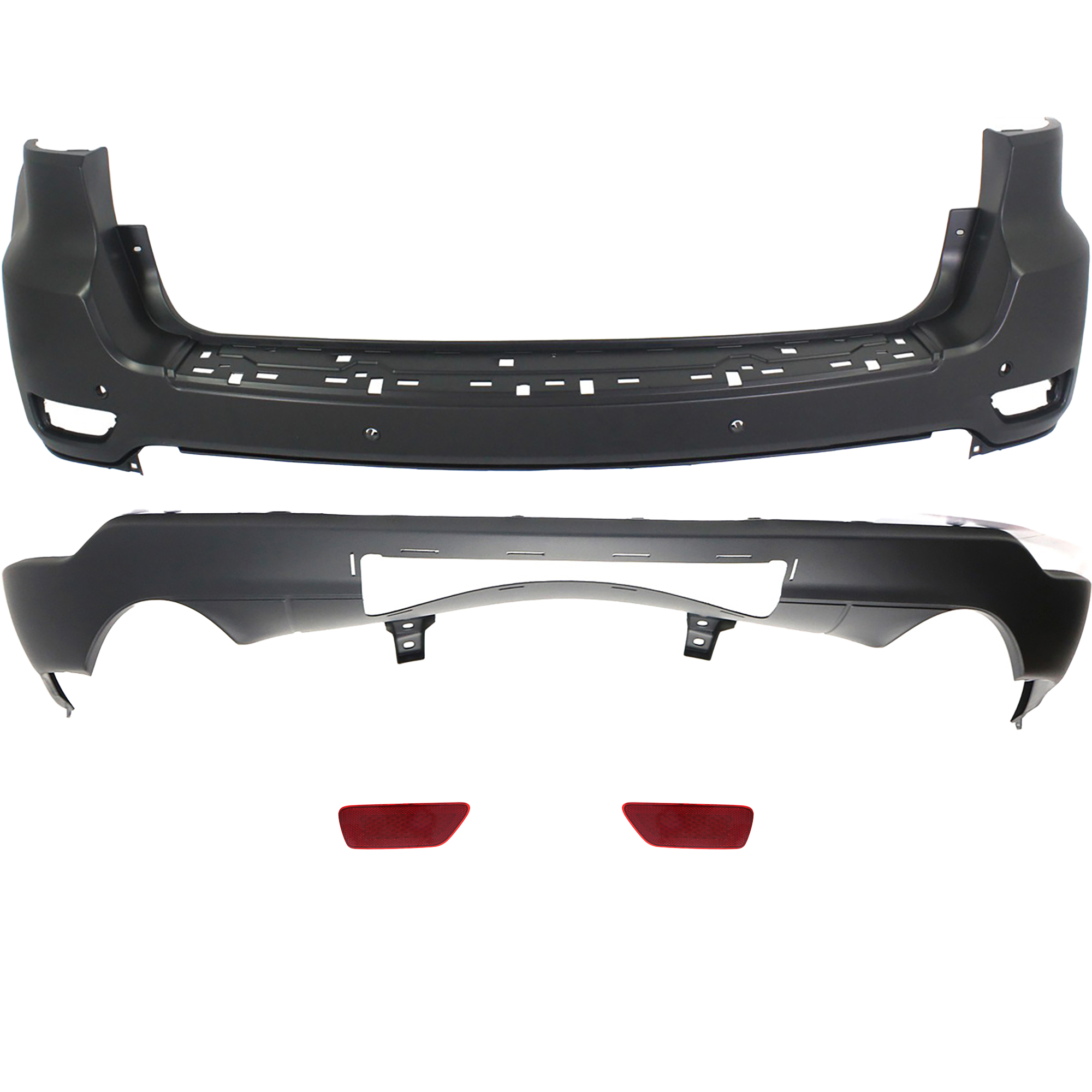 AM GRAND CHEROKEE 11-21 REAR BUMPER COVER Upper and Lower 4 pc Kit with Bumper Reflectors CAPA SKU KIT 062117-66 Partslink CH1100952C CH1184100C CH1185100C CH1195101C OEM 1VQ65TZZAA 57010720AC 57010721