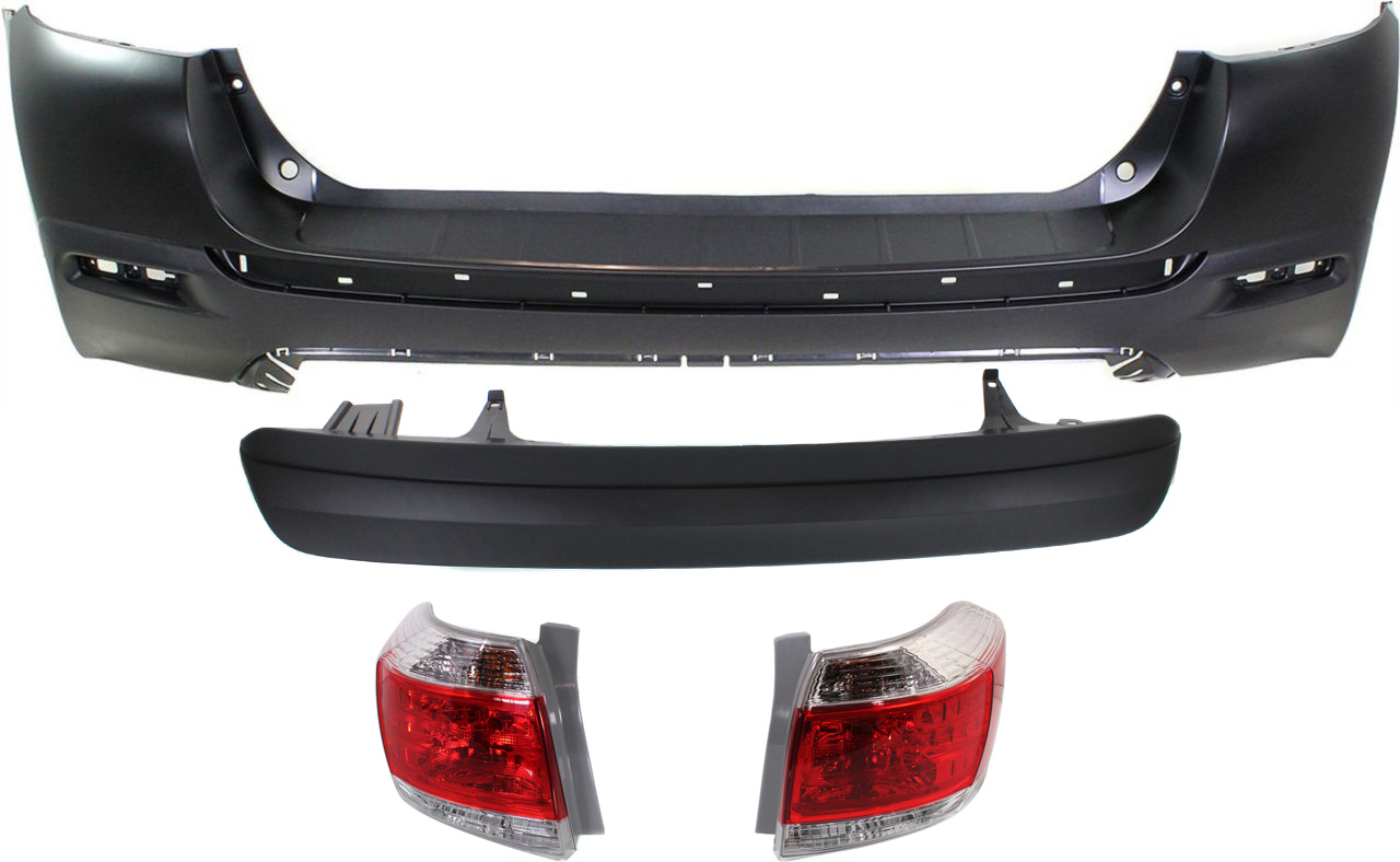 AM HIGHLANDER 11-13 REAR BUMPER COVER 4 pc Kit with Valance and Tail Lights Exc. Hybrid Model USA Built SKU KIT 062117-92 Partslink TO1100289 TO2801185 TO2800185 TO1115102 OEM 521590E907-815500E070-815600E0