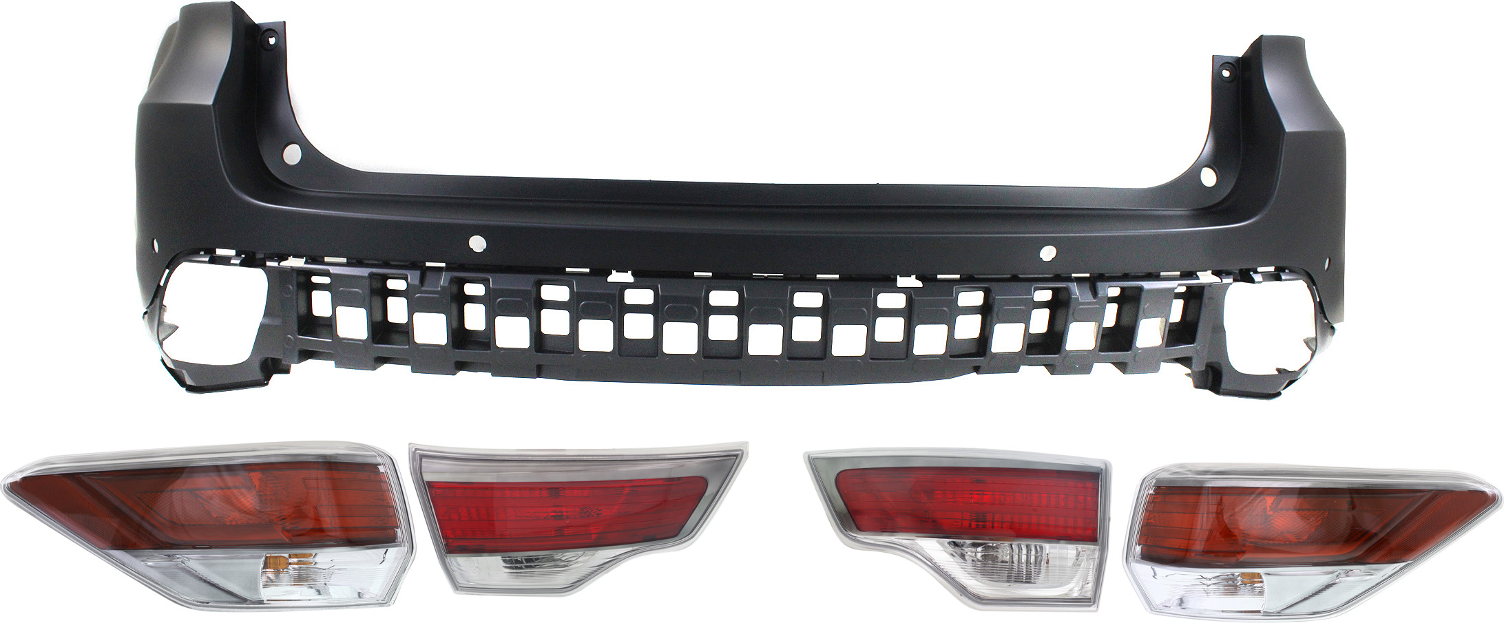 AM HIGHLANDER 14-16 REAR BUMPER COVER Upper 5 pc Kit with Tail Lights w Obj Snsr Holes CAPA SKU KIT 062117-99 Partslink TO1114101C TO2802115C TO2803115C TO2804120C TO2805120C OEM 521590E912-815500E100-815600E1