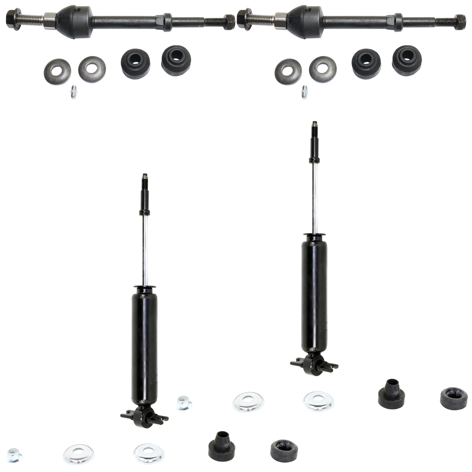 AM RAM 1500 PICKUP 02-08 FRONT HUB ASSEMBLY 4 pc Kit with Shock Absorber and Strut Assembly and Sway Bar Link SKU KIT 062124-38 OEM 5072921AB 5072921AC 18312-2651
