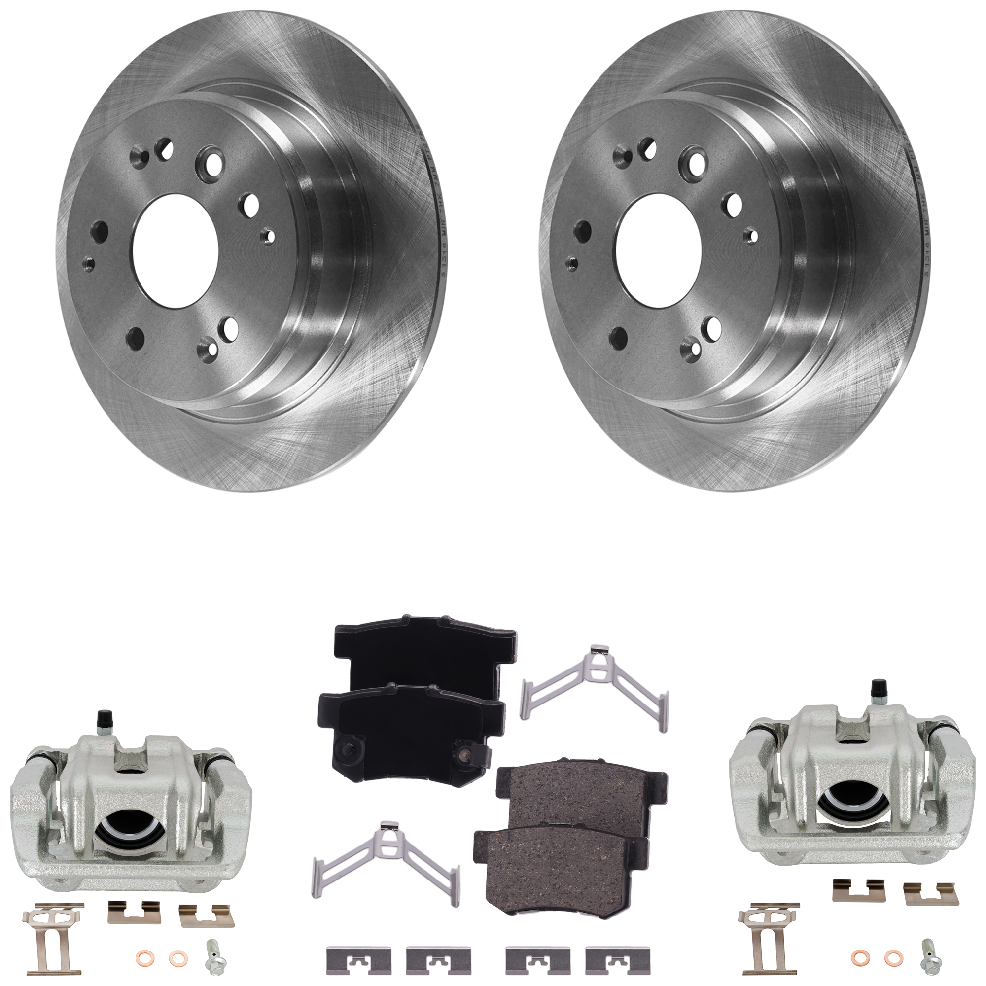 AM ELEMENT 03-11 TL 04-08 REAR BRAKE KIT WITH CALIPERS 2 Wheel Set Includes 2 Brake Caliper 2 Brake Disc and 1 Brake Pad Set Plain Surface 5 Lugs Cast Iron Ceramic SKU KIT 062125-07 OEM 42510SCVA00-43022S00000-43022S
