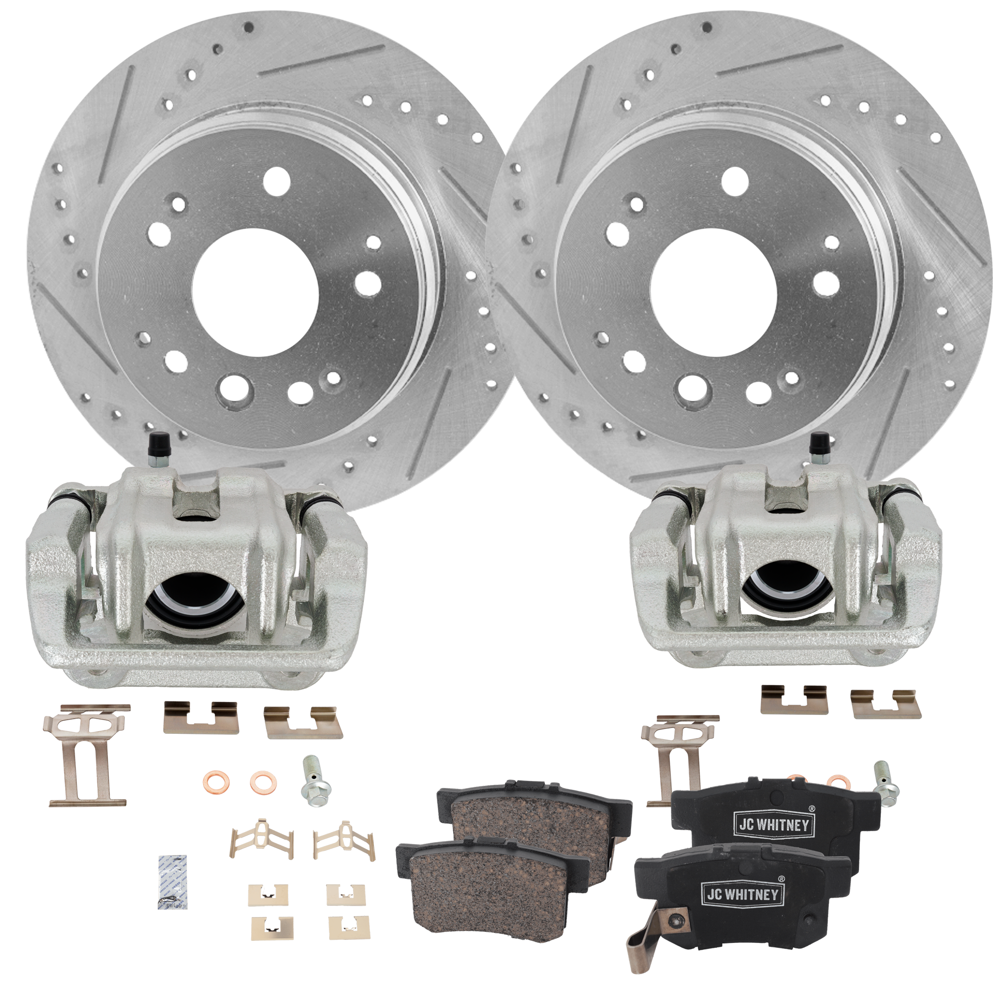 AM ELEMENT 03-11 TL 04-08 REAR BRAKE KIT WITH CALIPERS 2 Wheel Set Includes 2 Brake Caliper 2 Brake Disc and 1 Brake Pad Set Cross drilled and Slotted 5 Lugs Ceramic SKU KIT 062125-08 OEM 31316-145423-980151-48880151-6
