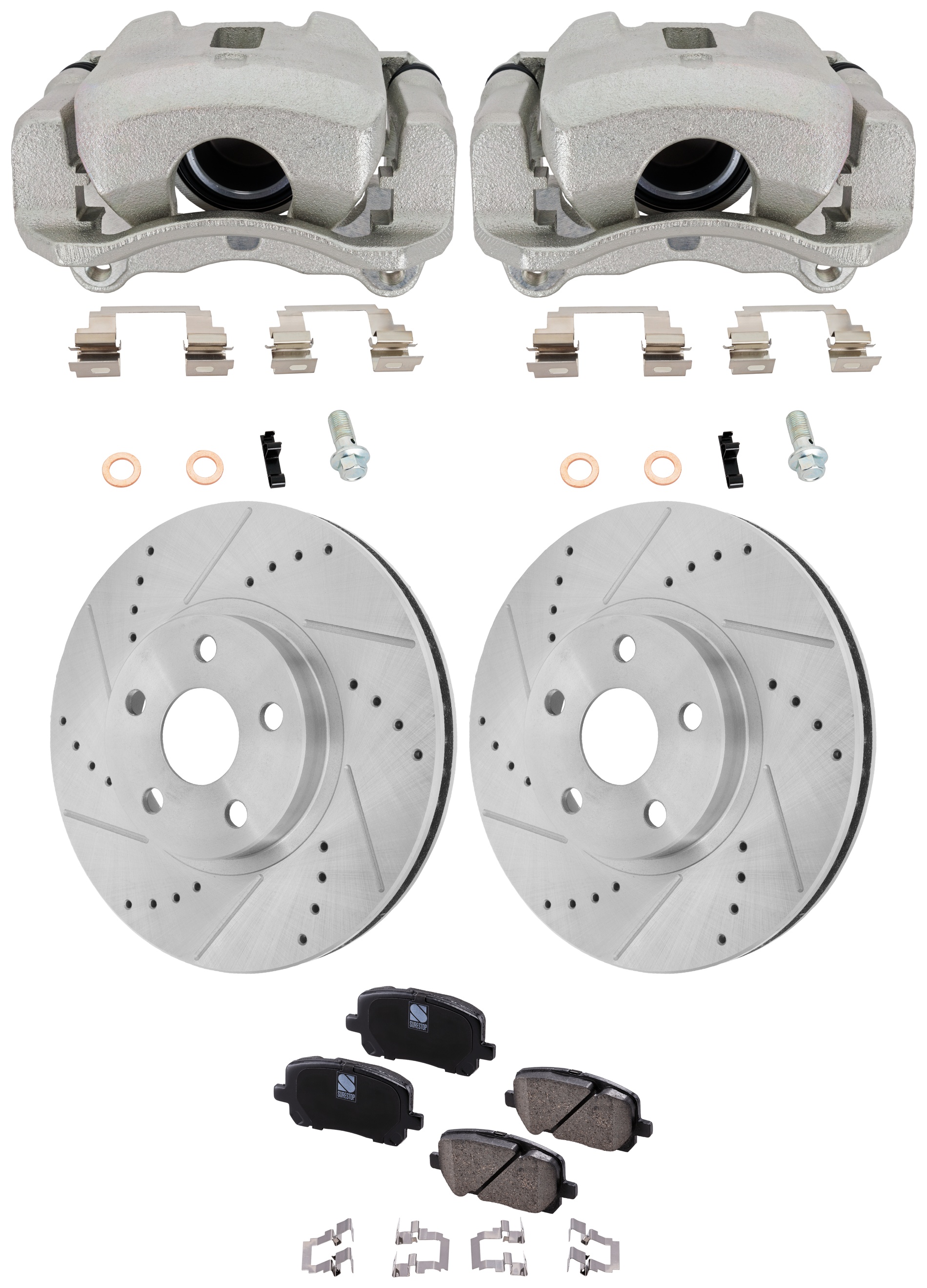 AM COROLLA VIBE 03-08 FRONT BRAKE KIT WITH CALIPERS 2 Wheel Set Includes 2 Brake Caliper 2 Brake Disc and 1 Brake Pad Set Cross drilled and Slotted 5 Lugs Ceramic SKU KIT 062125-130 OEM 19336-31270-77175-96934-107301