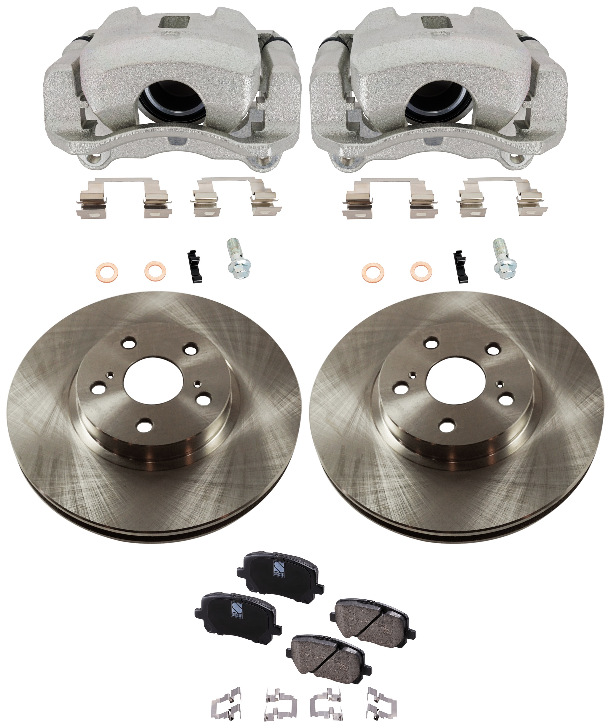 AM COROLLA VIBE 03-08 FRONT BRAKE KIT WITH CALIPERS 2 Wheel Set Includes 2 Brake Caliper 2 Brake Disc and 1 Brake Pad Set Plain Surface 5 Lugs Cast Iron Ceramic SKU KIT 062125-131 OEM 4351202110-4351202130-43512021