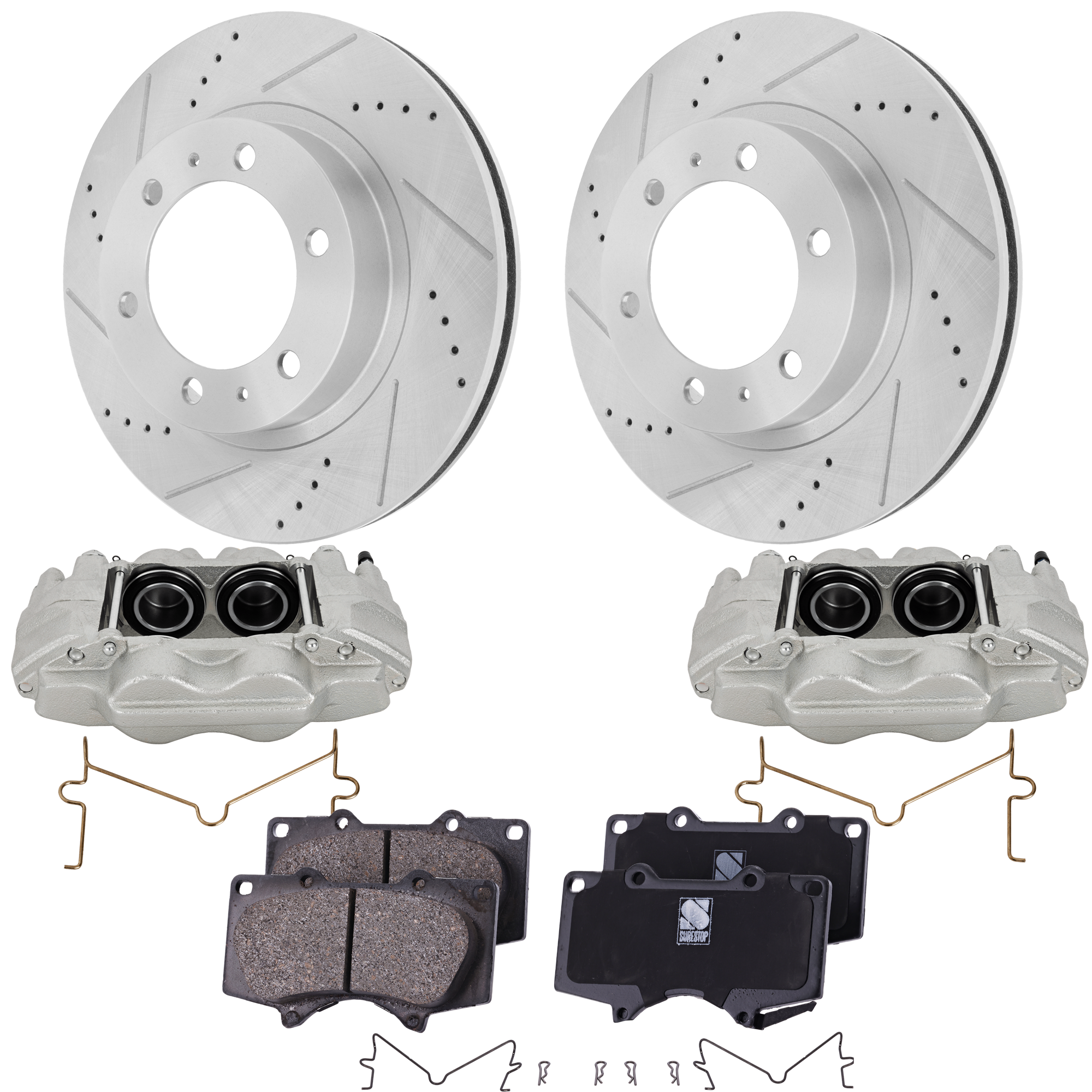 AM 4RUNNER 03-09 FJ CRUISER 07-14 FRONT BRAKE KIT WITH CALIPERS 2 Wheel Set Includes 2 Brake Caliper 2 Brake Disc and 1 Brake Pad Set Cross drilled and Slotted 6 Lugs Ceramic SKU KIT 062125-133 OEM 31327-31520-44623-145458-08329