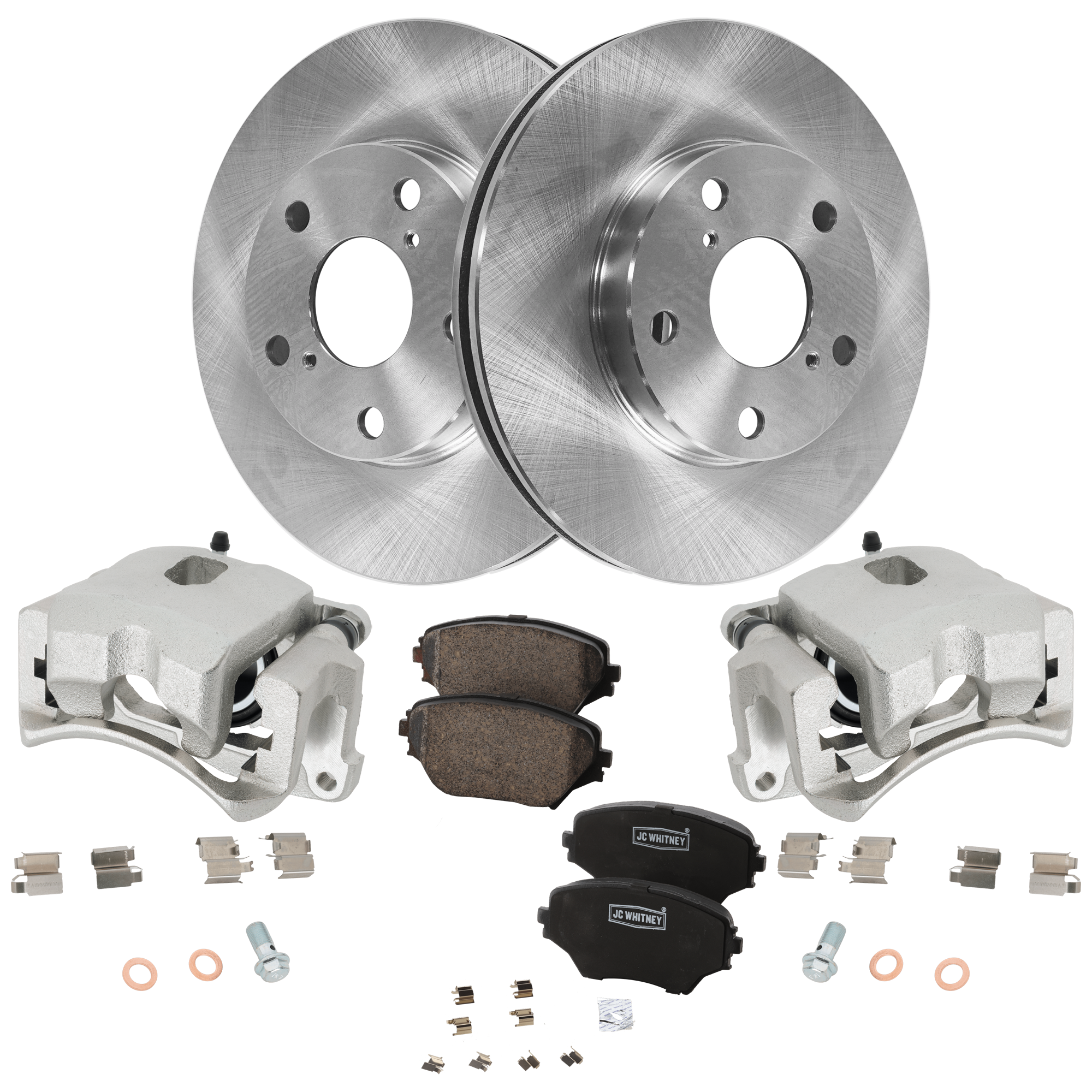AM RAV4-01-05 FRONT BRAKE KIT WITH CALIPERS 2 Wheel Set Includes 2 Brake Caliper 2 Brake Disc and 1 Brake Pad Set Plain Surface 5 Lugs Cast Iron Ceramic SKU KIT 062125-135 OEM 4775042040-4773042040-43512420
