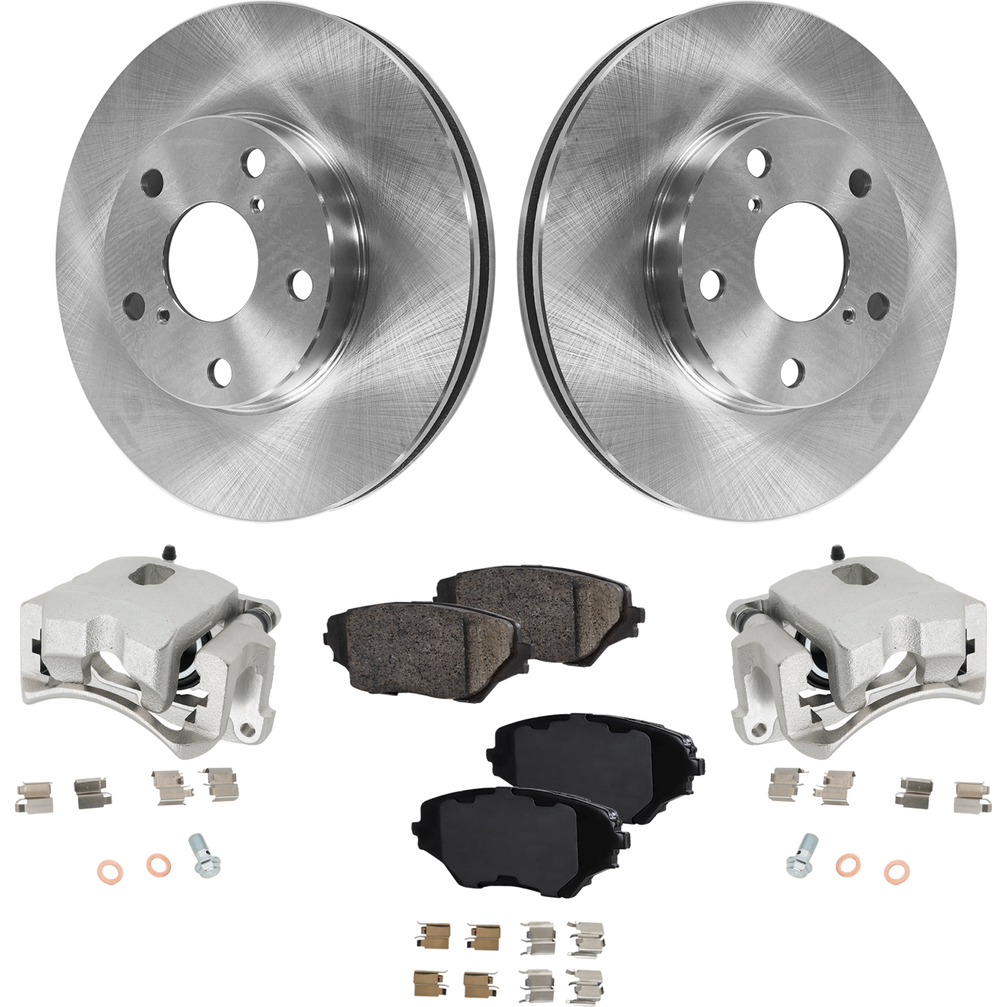 AM RAV4-01-05 FRONT BRAKE KIT WITH CALIPERS 2 Wheel Set Includes 2 Brake Caliper 2 Brake Disc and 1 Brake Pad Set Plain Surface 5 Lugs Cast Iron Ceramic SKU KIT 062125-136 OEM 4775042040-4773042040-43512420