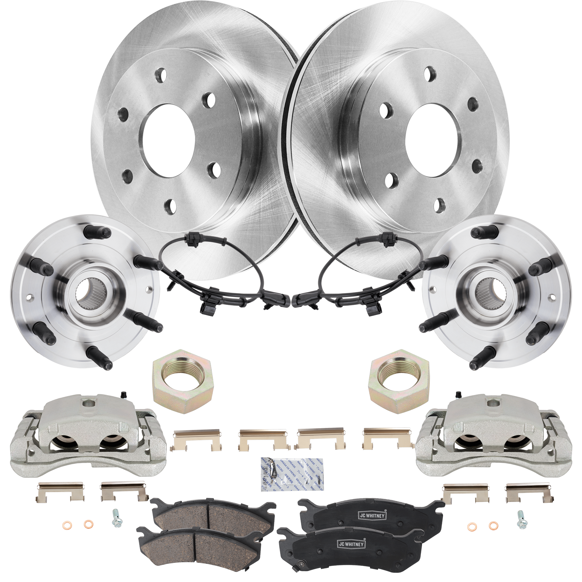 AM SILVERADO 1500 SIERRA 1500-99-06 FRONT BRAKE KIT WITH CALIPERS 2 Wheel Set with Brake Caliper Brake Disc Brake Pad Set and Wheel Hub SKU KIT 062125-149 OEM 18060214-15716362-19241877-192