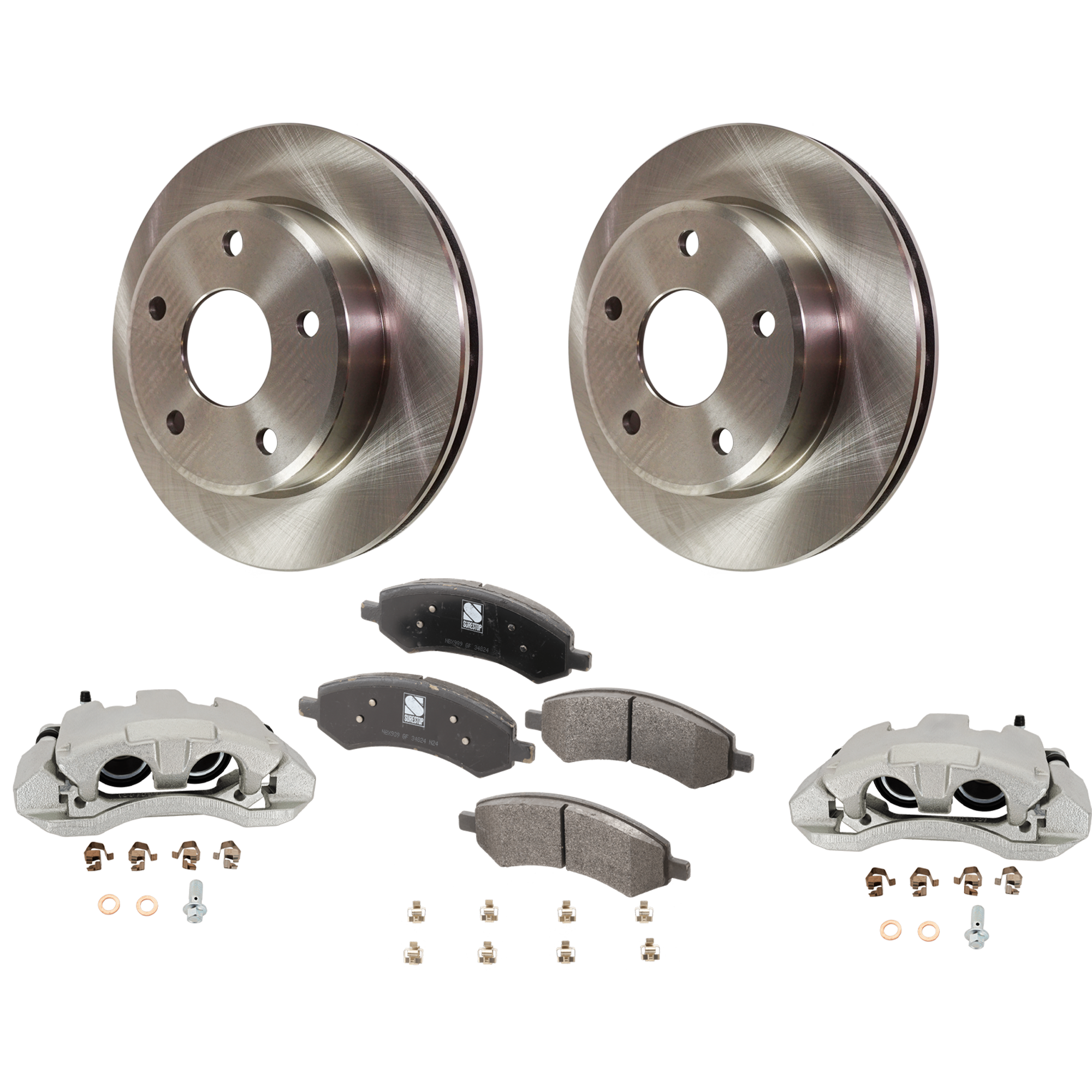 AM DAKOTA 06-08 RAIDER 06-09 FRONT BRAKE KIT WITH CALIPERS 2 Wheel Set Includes 2 Brake Caliper 2 Brake Disc and 1 Brake Pad Set Plain Surface 5 Lugs Cast Iron Semi Metallic SKU KIT 062125-52 OEM 52855005AB 5143350AA 5143350AB